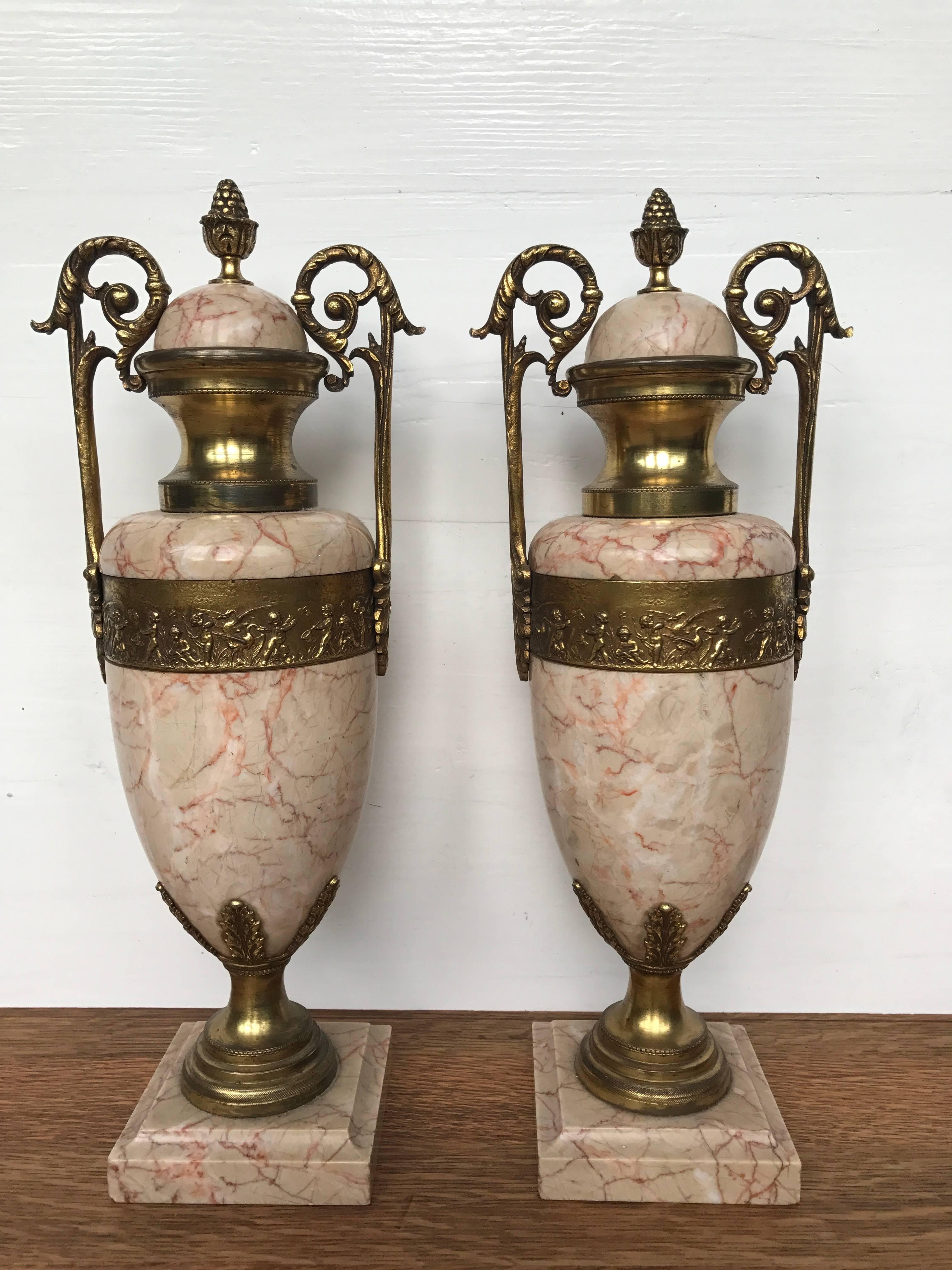 Amazing 19th century craftsmanship and a bargain for the collectors.

These beautiful quality and condition cassolettes are an absolute joy to own and look at. The combination of the fine quality marble with its red veins and the many gilt bronze