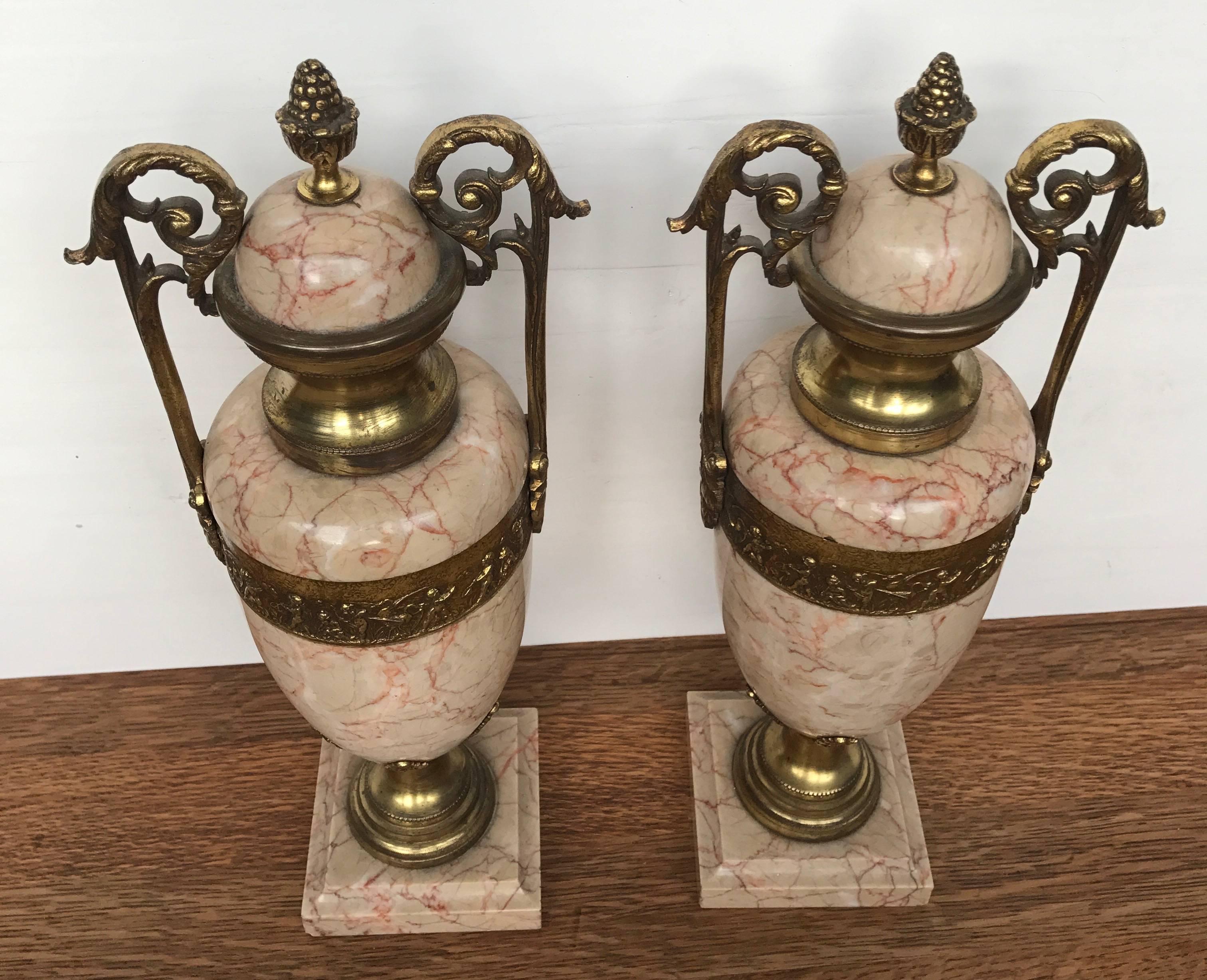 Pair of Antique French Gilt Bronze and Marble Cassolettes / Vases w. Putti Decor In Excellent Condition In Lisse, NL
