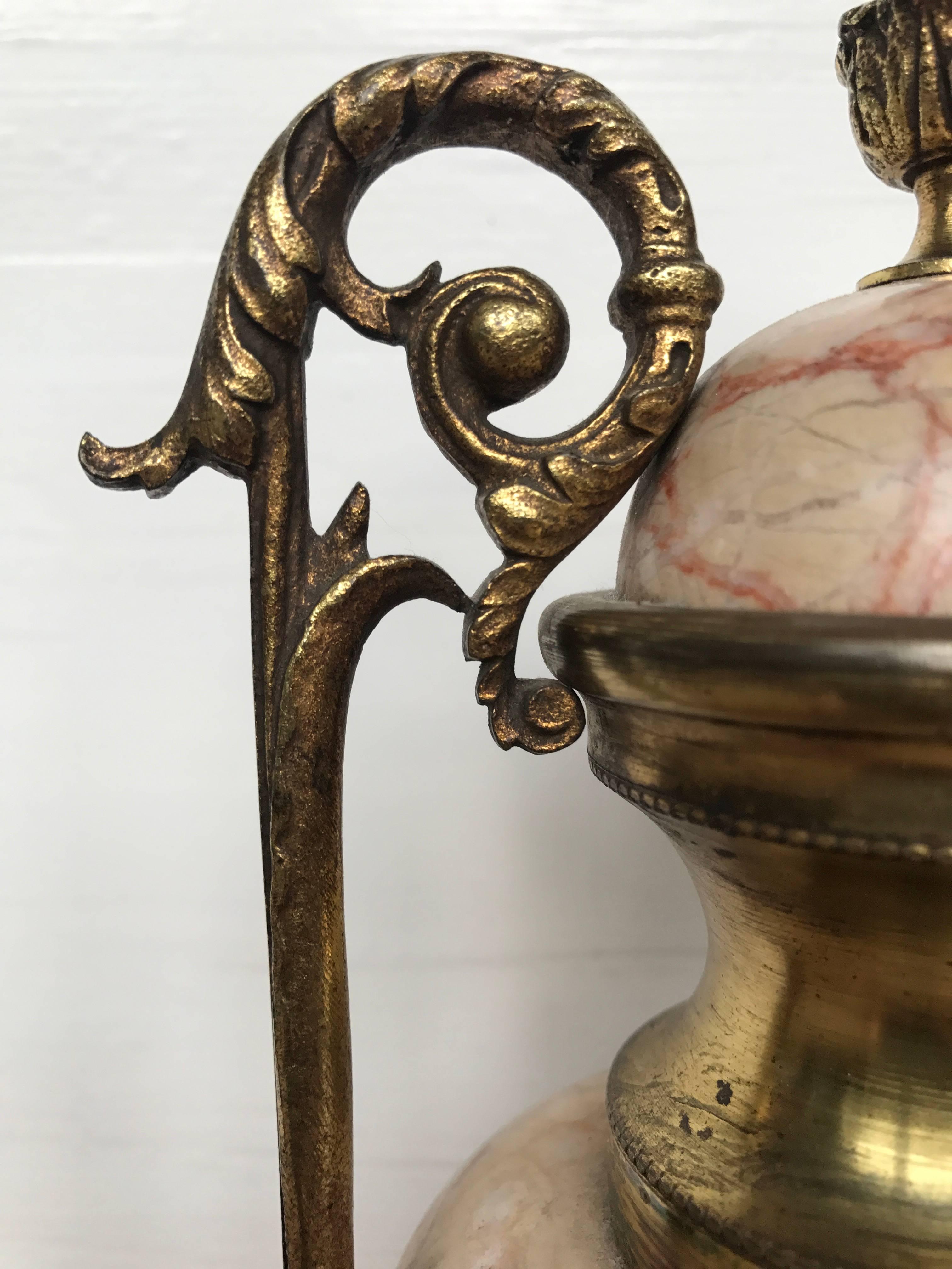 19th Century Pair of Antique French Gilt Bronze and Marble Cassolettes / Vases w. Putti Decor