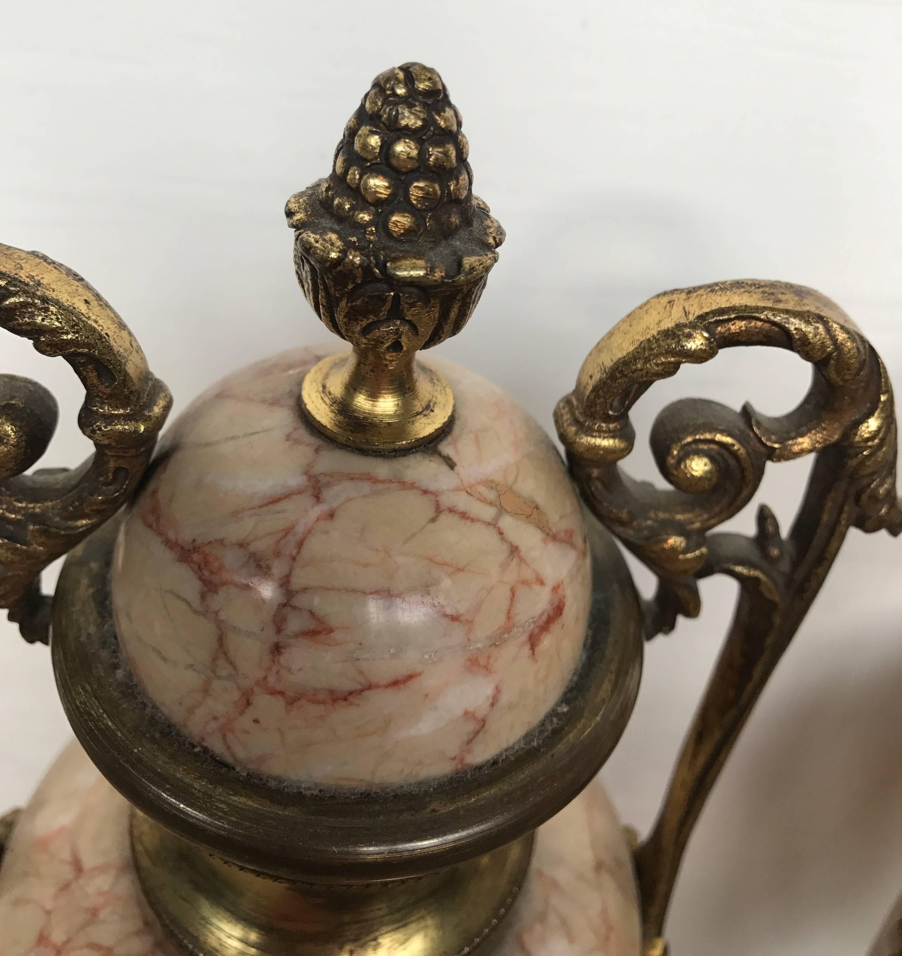 Pair of Antique French Gilt Bronze and Marble Cassolettes / Vases w. Putti Decor 2
