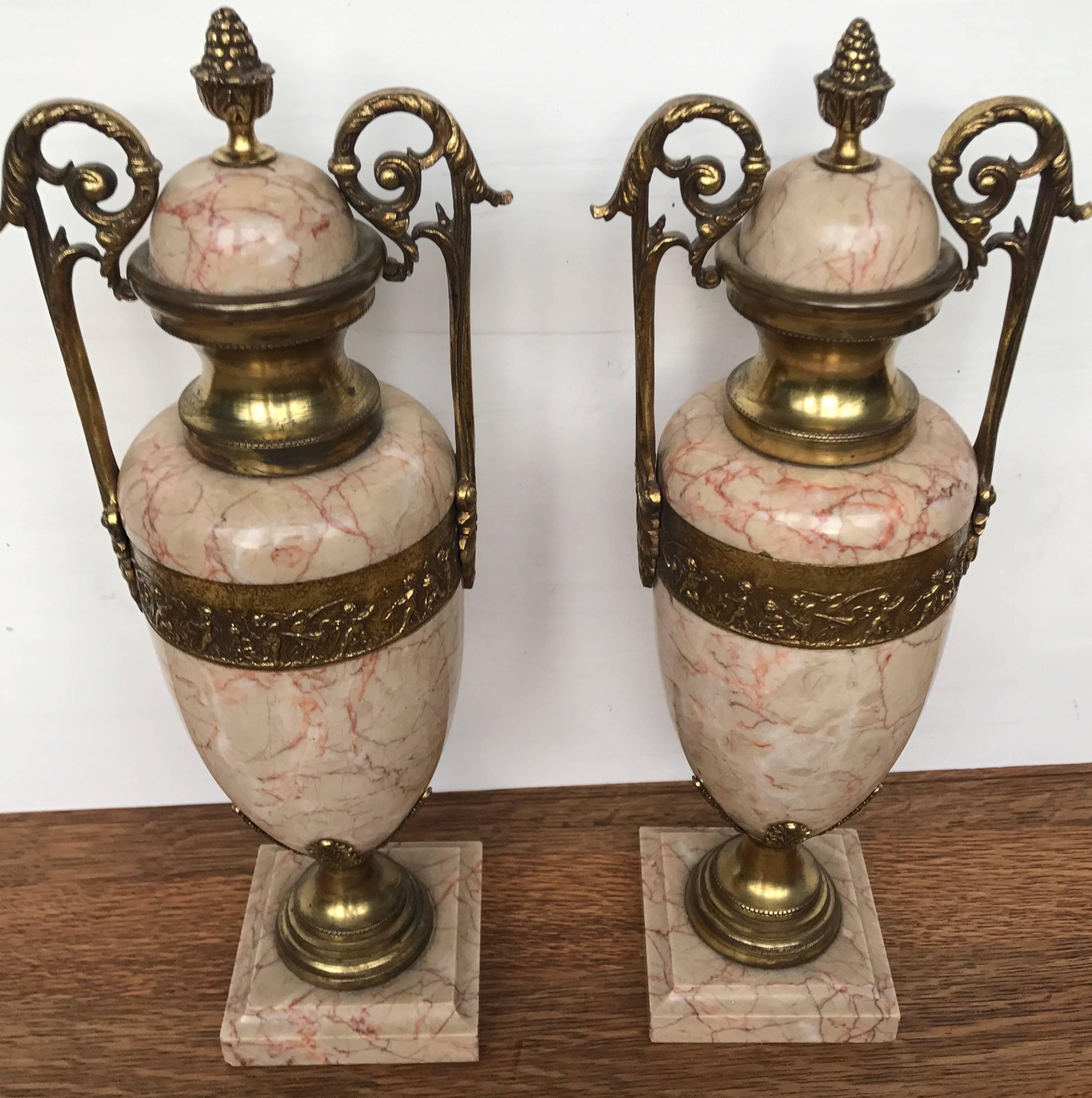 Pair of Antique French Gilt Bronze and Marble Cassolettes / Vases w. Putti Decor 4