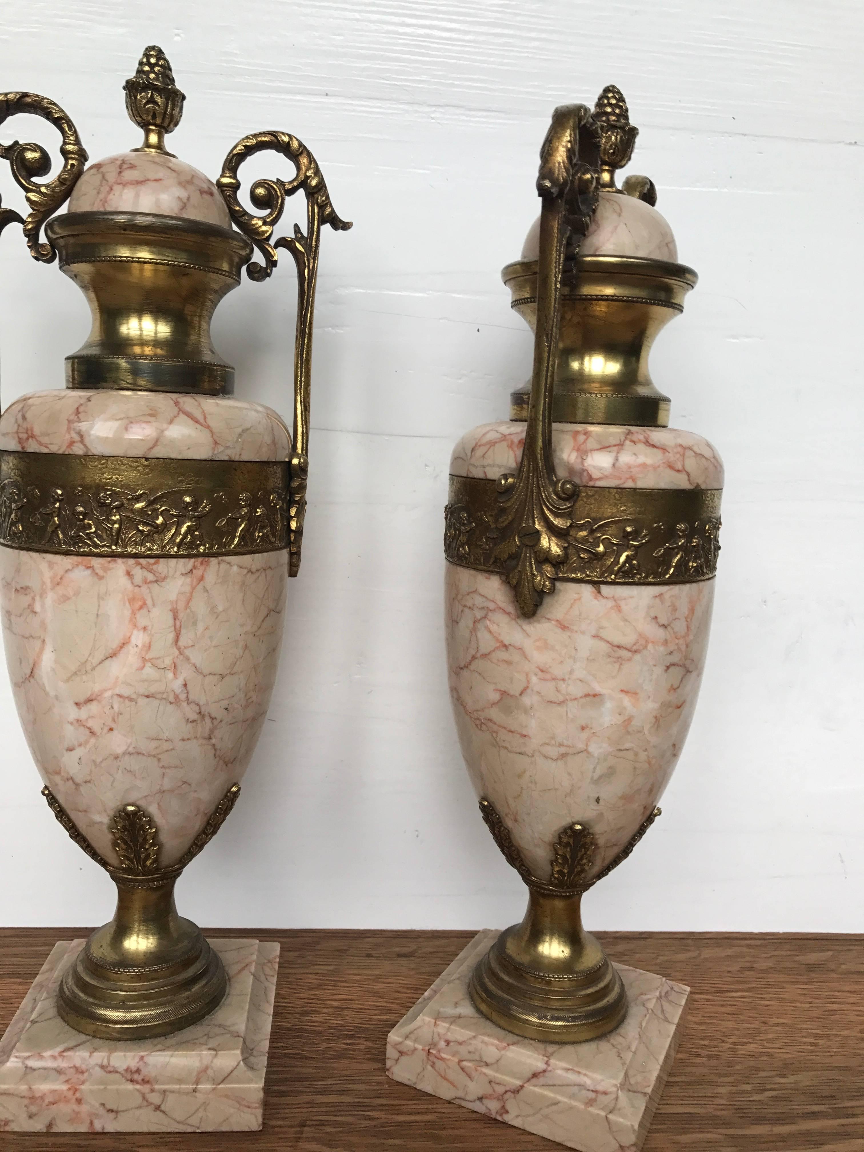 Pair of Antique French Gilt Bronze and Marble Cassolettes / Vases w. Putti Decor 5
