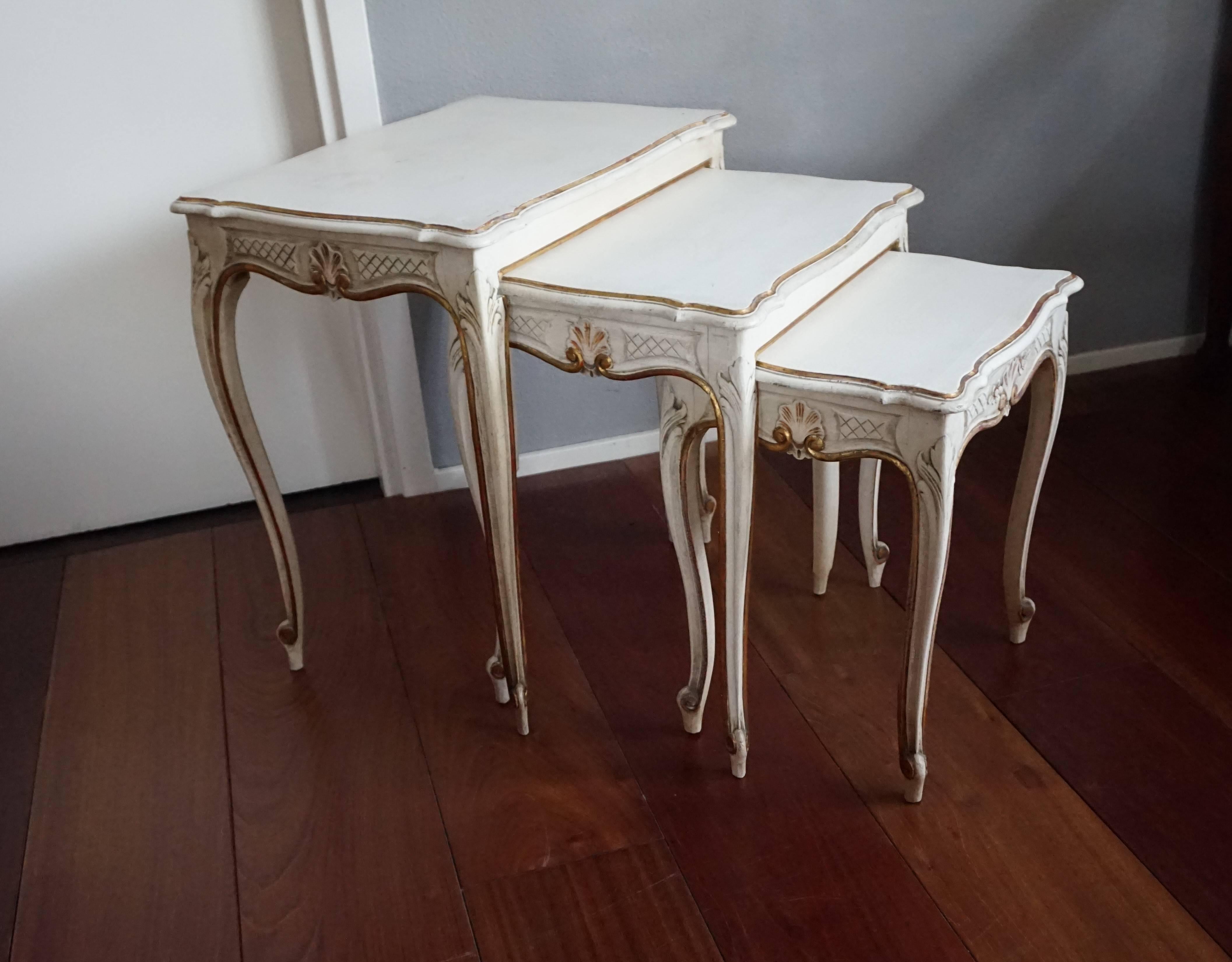 Louis XVI Early 20th Century Italian or French Nest of Tables in Beige-White with Gilding