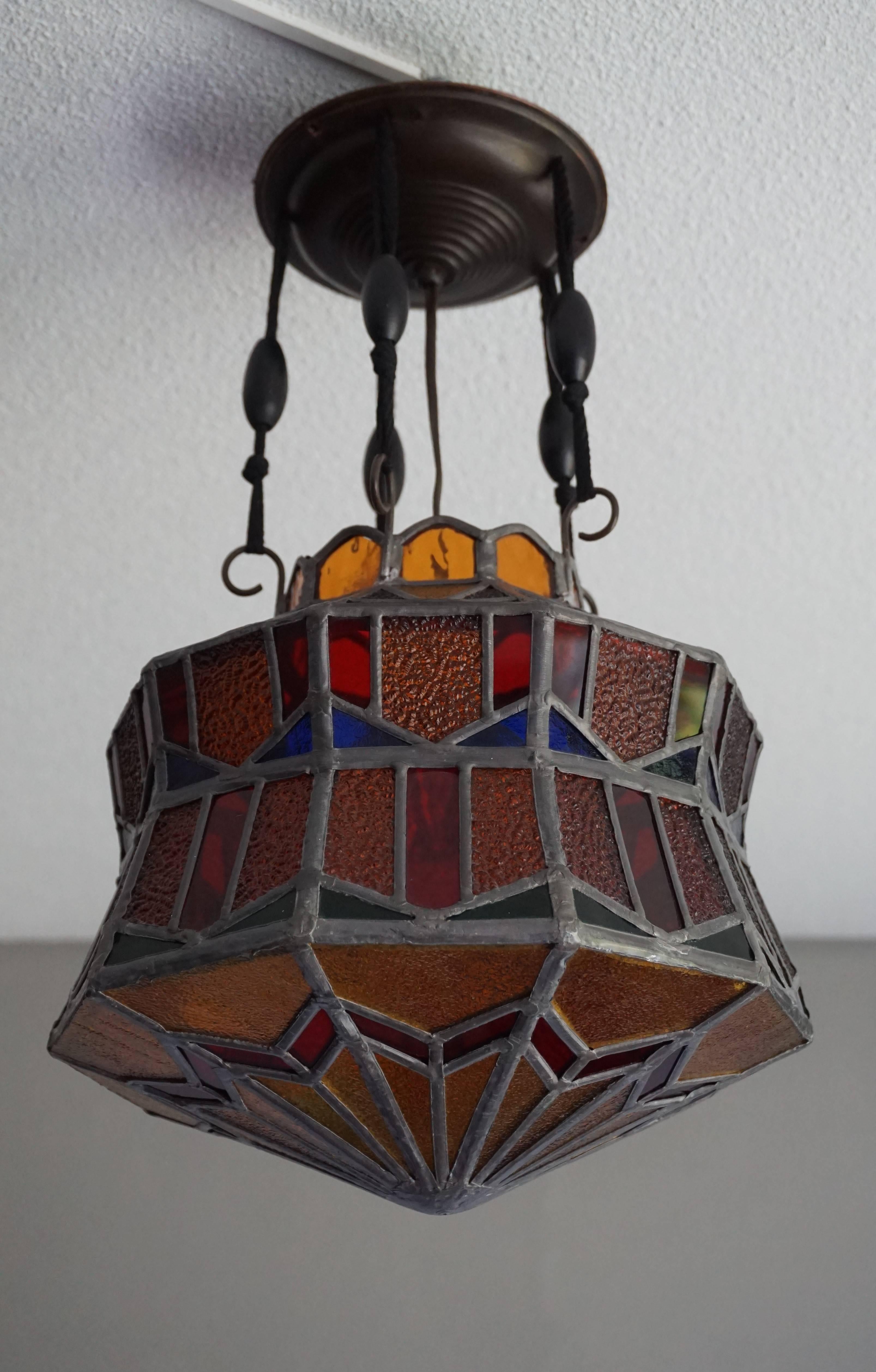 Dutch Handcrafted Stain Leaded Art Deco Glass Pendant Geometric Design & Great Colors