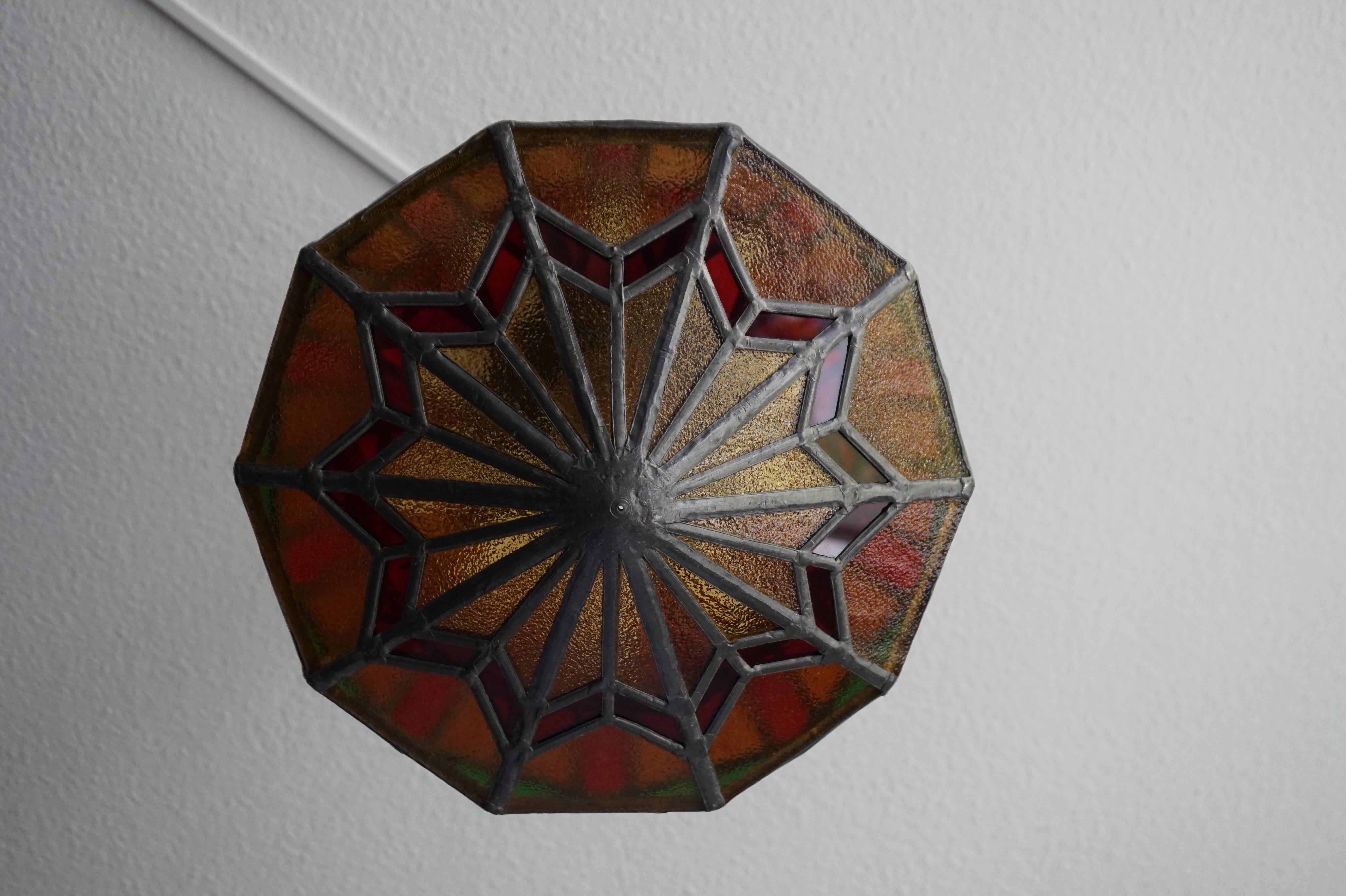 Hand-Crafted Handcrafted Stain Leaded Art Deco Glass Pendant Geometric Design & Great Colors