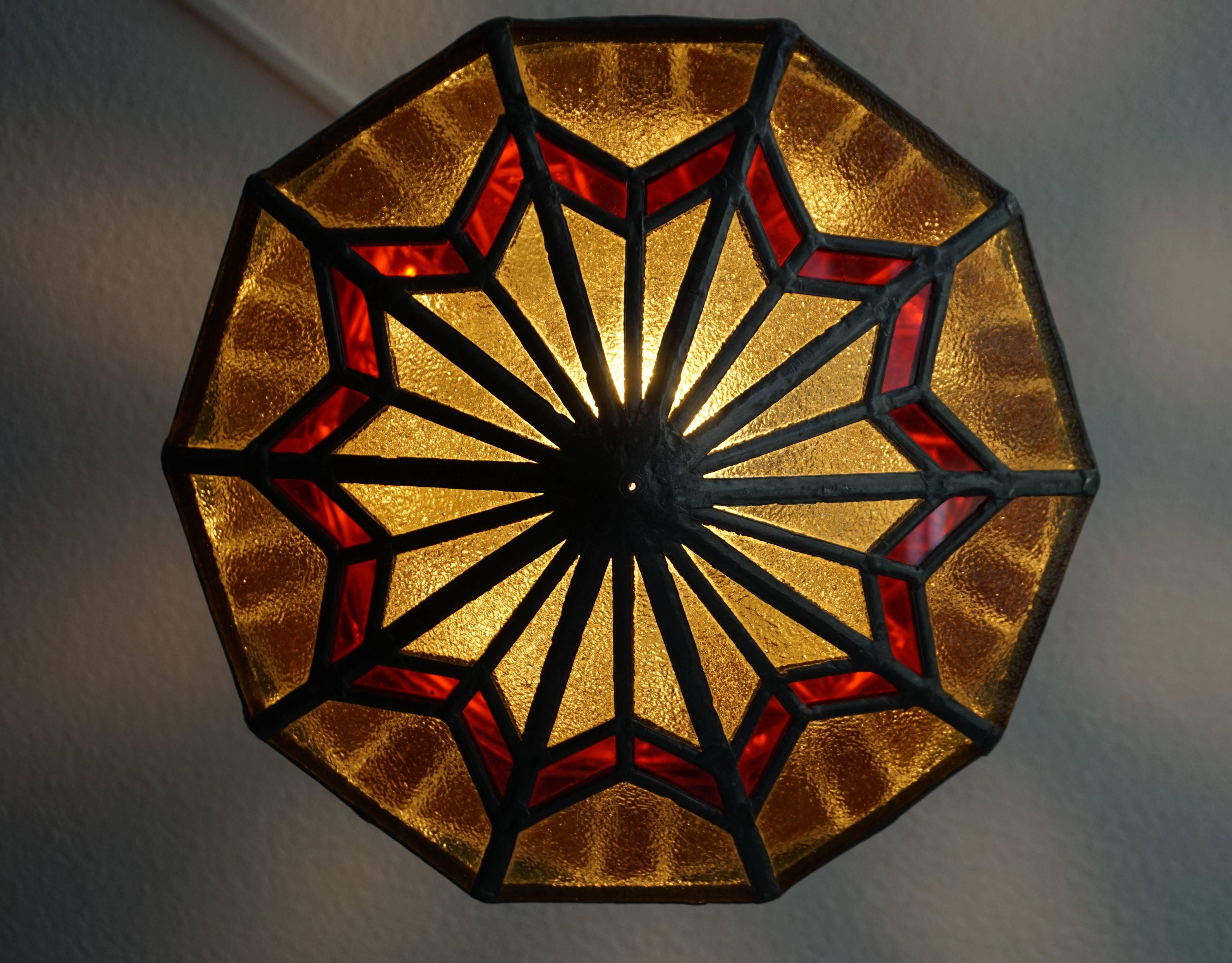 Handcrafted Stain Leaded Art Deco Glass Pendant Geometric Design & Great Colors In Excellent Condition In Lisse, NL