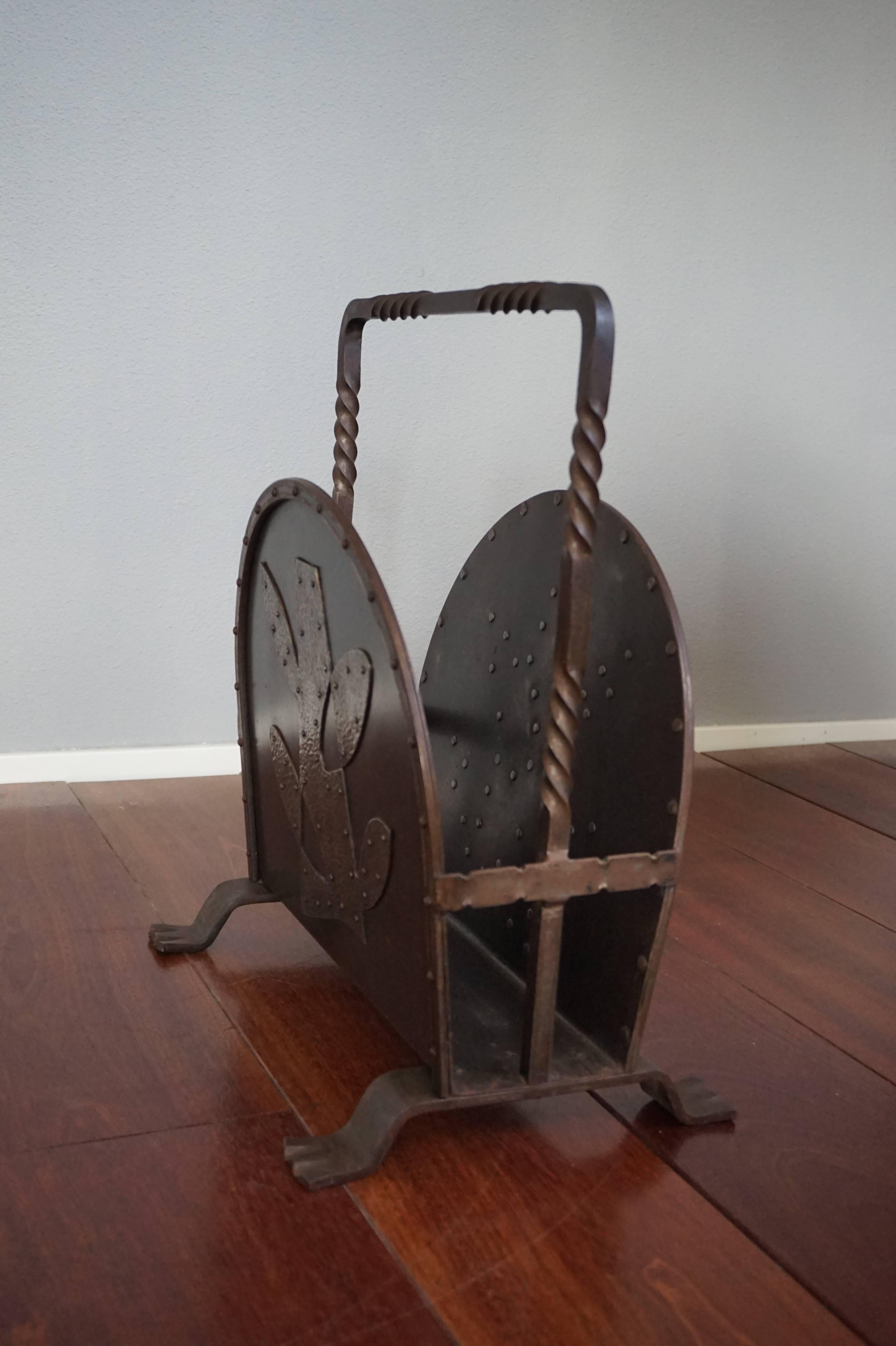 Hand-Crafted Unique Mid-Century Hand-Forged Wrought Iron Magazine Stand with Stylized Tree For Sale