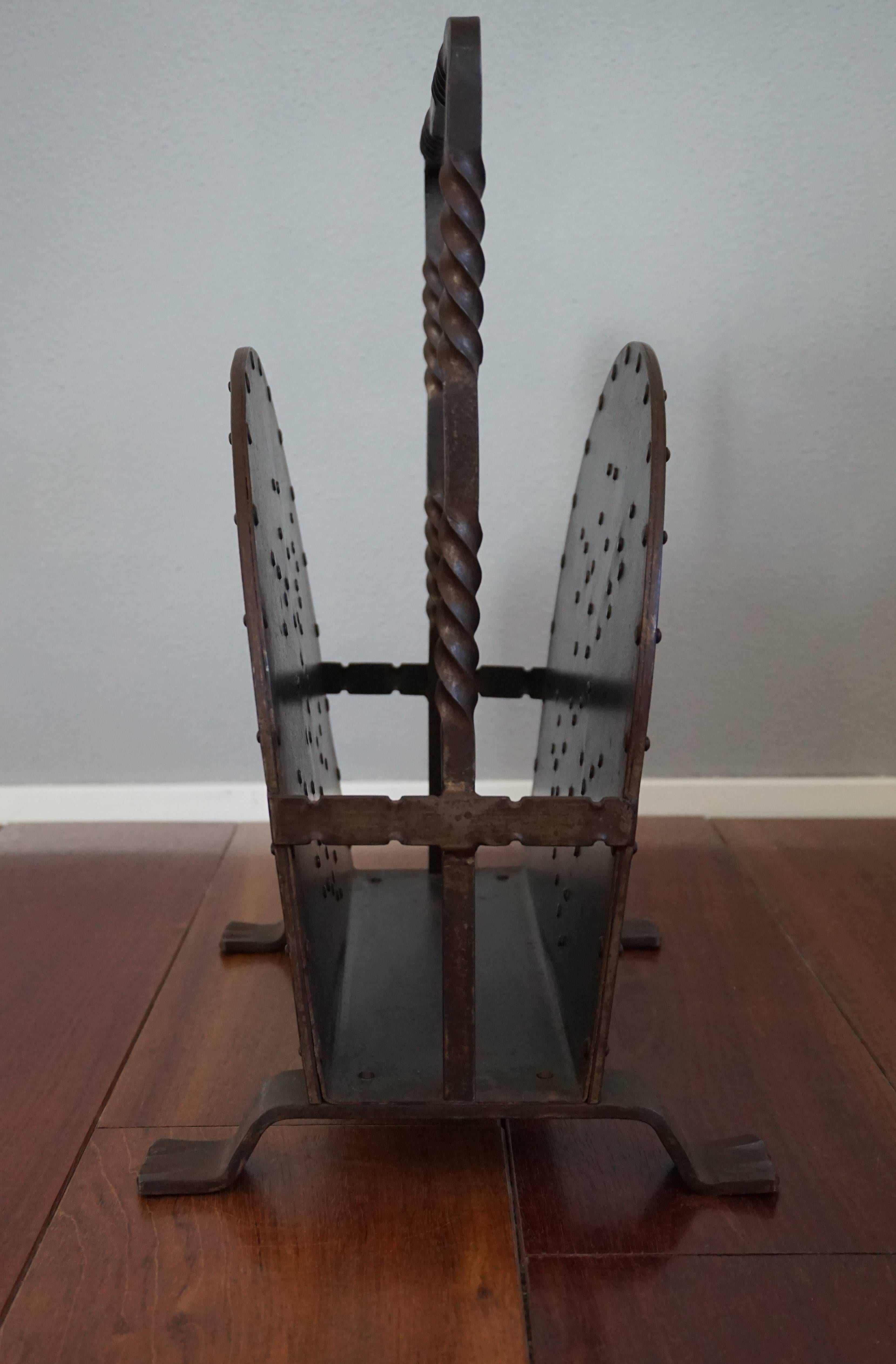 20th Century Unique Mid-Century Hand-Forged Wrought Iron Magazine Stand with Stylized Tree For Sale