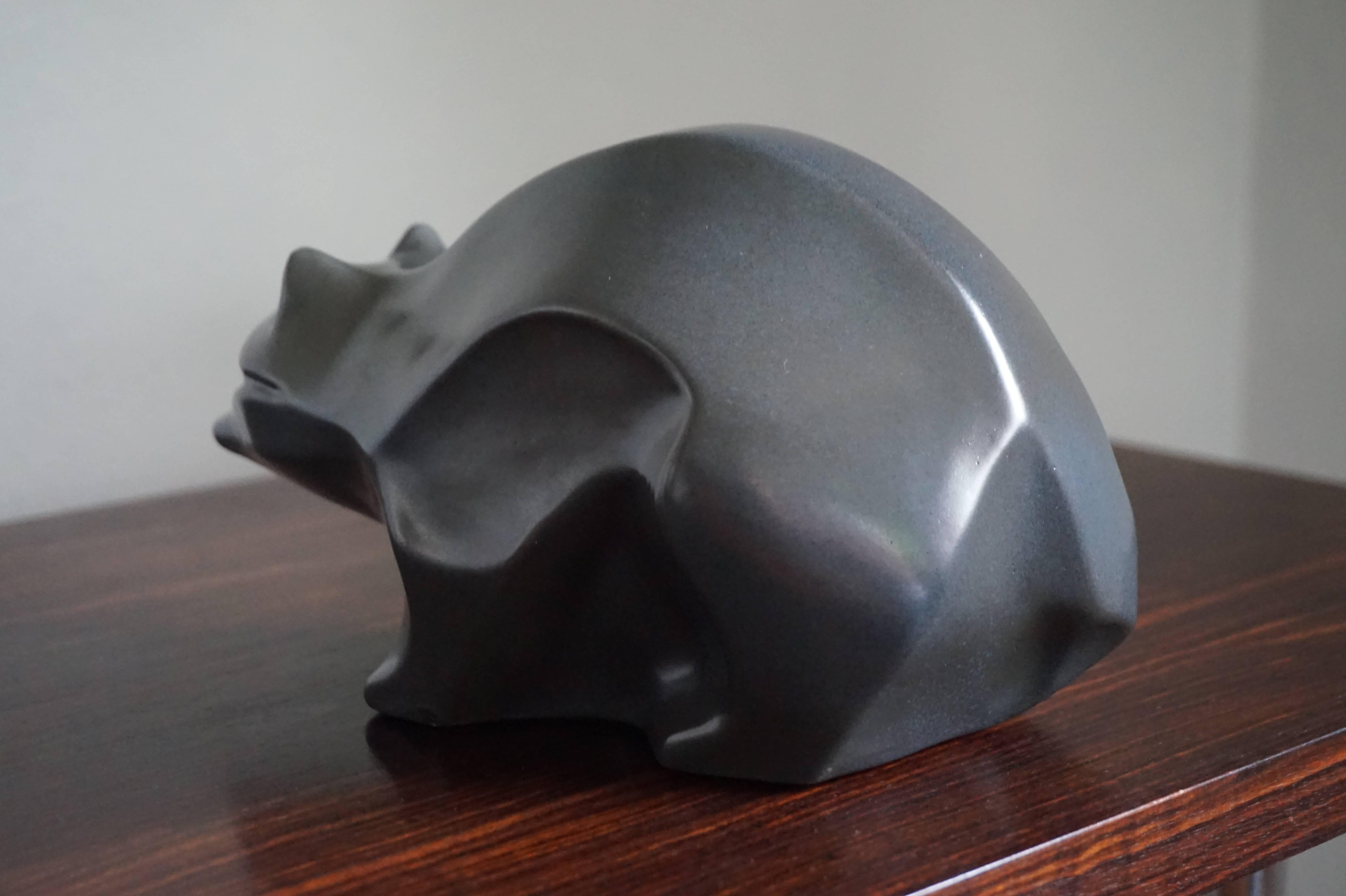 Ceramic Rare Art Deco Style Mid-Century Stylized Racoon Sculpture Anthracite For Sale