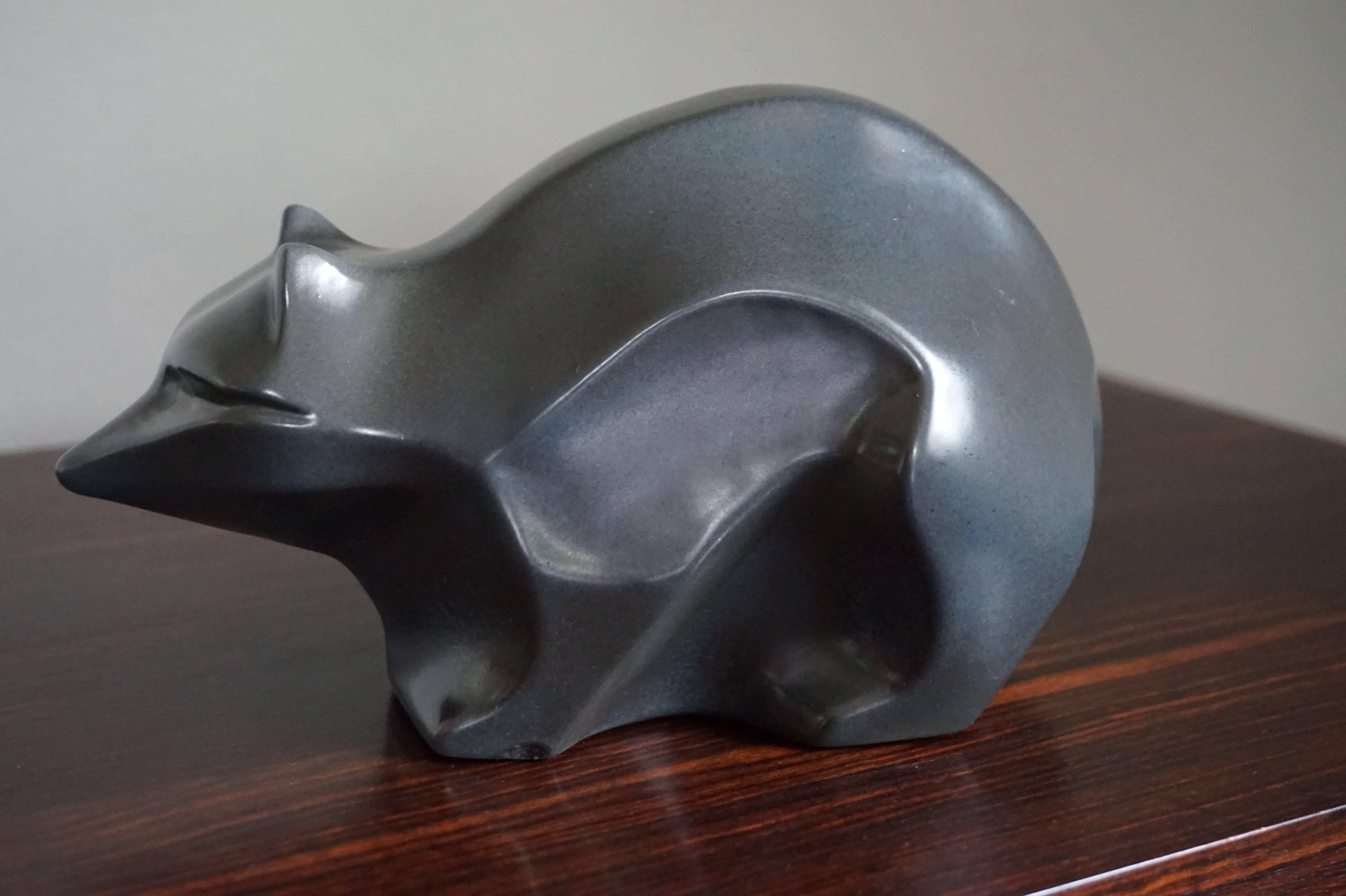 Rare Art Deco Style Mid-Century Stylized Racoon Sculpture Anthracite For Sale 1