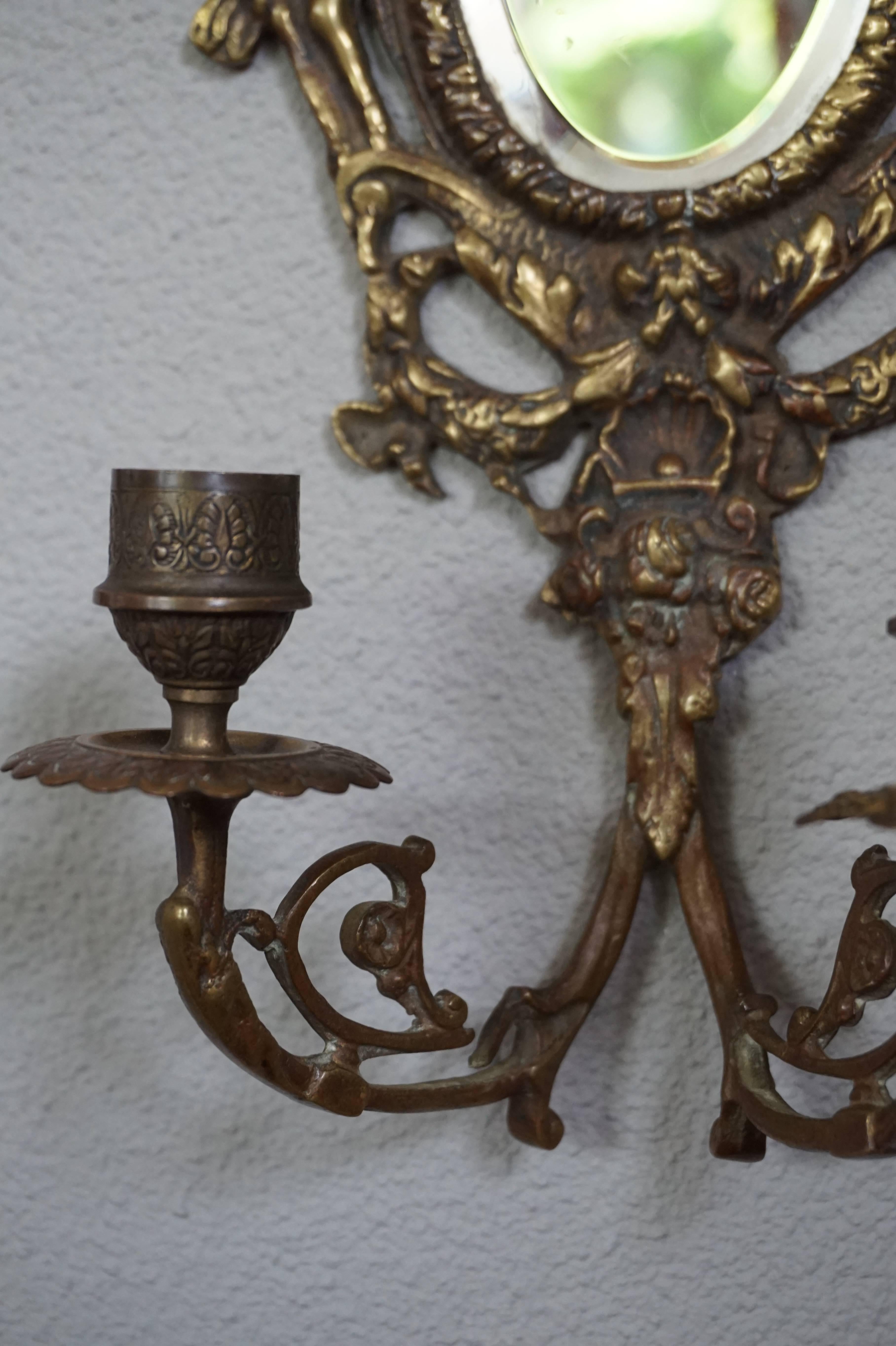 Antique Pair of Cast Bronze Wall Sconces / Candelabras with Oval Beveled Mirrors 2
