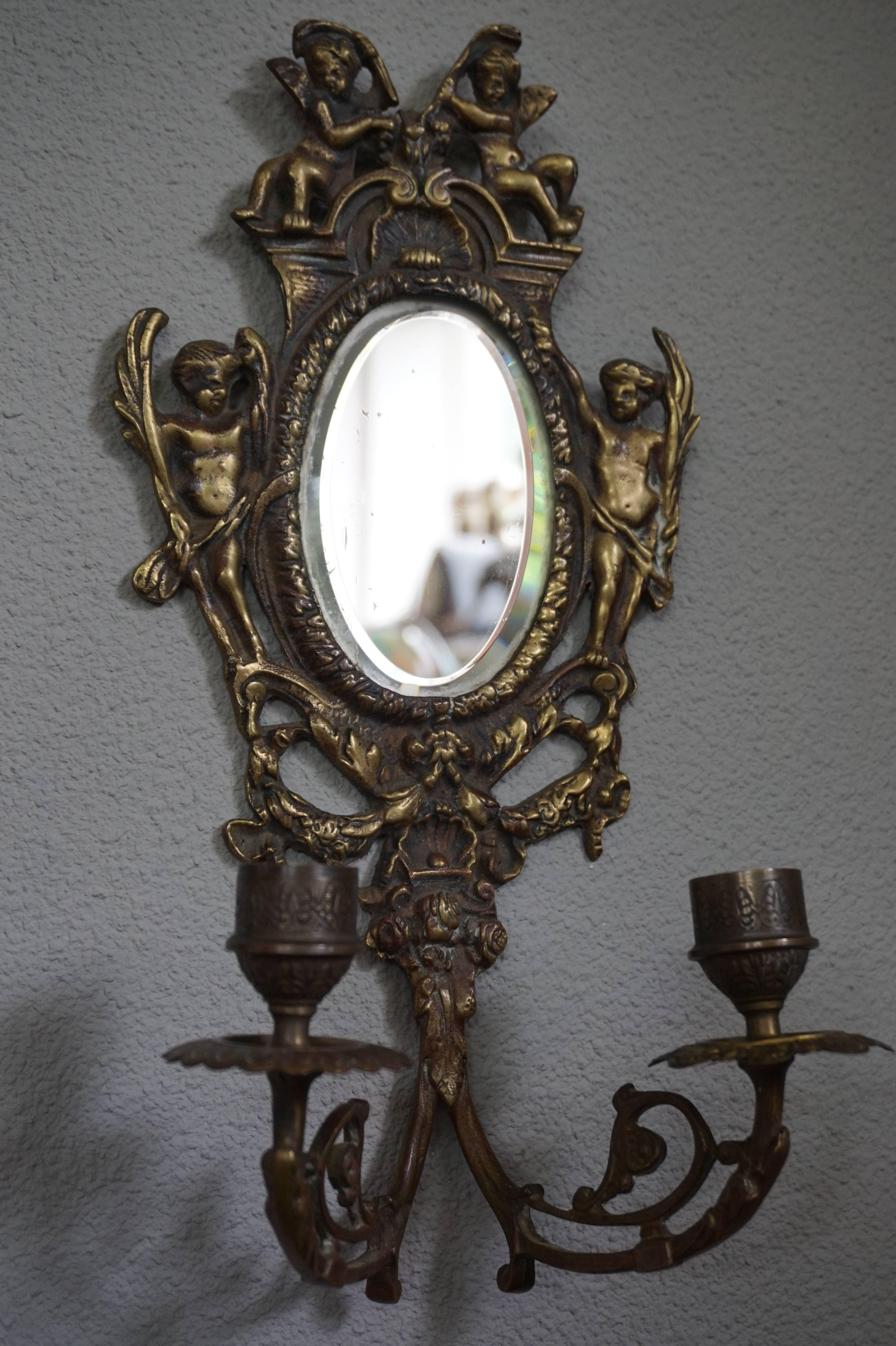 Renaissance Revival Antique Pair of Cast Bronze Wall Sconces / Candelabras with Oval Beveled Mirrors