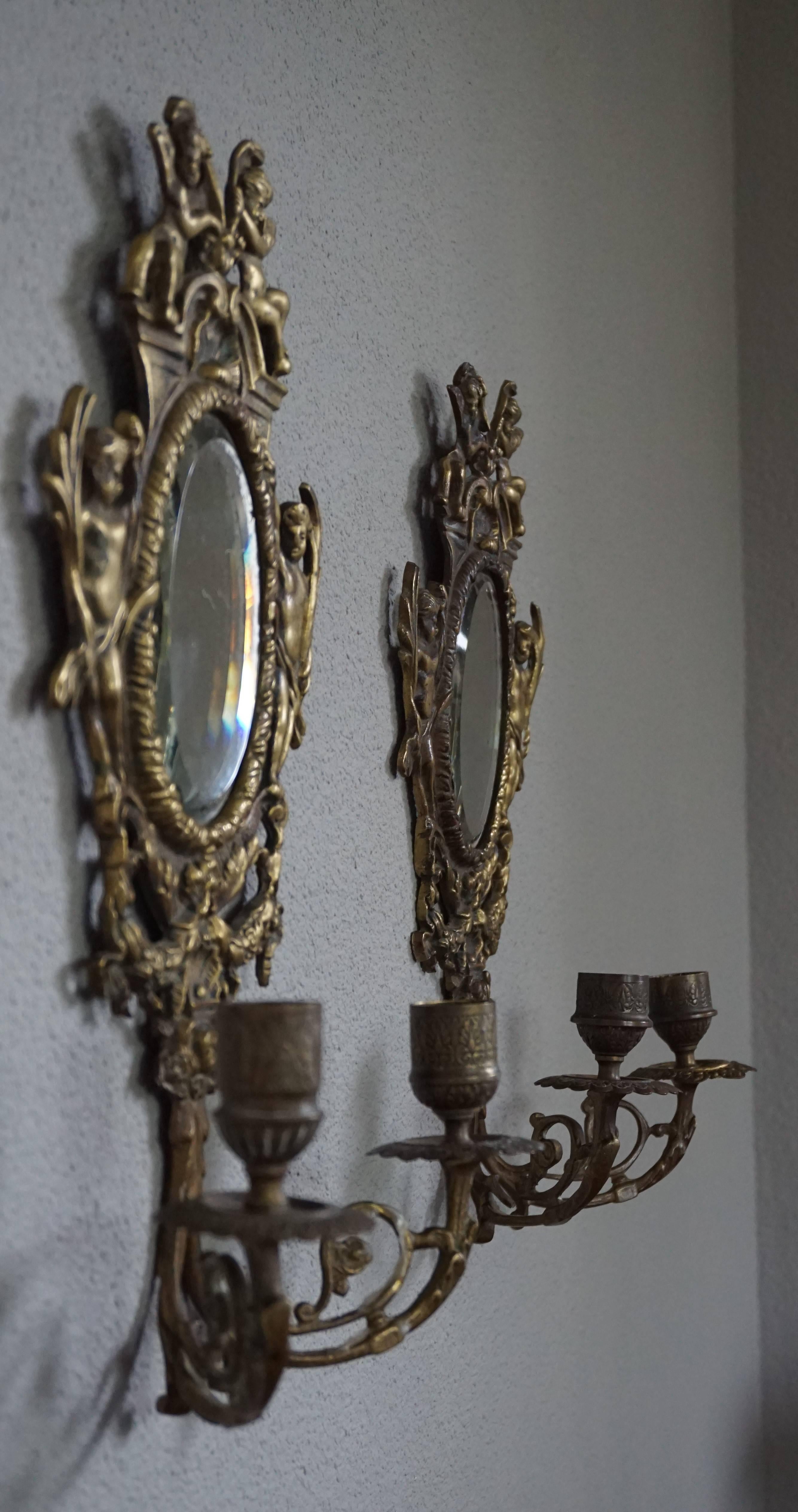 French Antique Pair of Cast Bronze Wall Sconces / Candelabras with Oval Beveled Mirrors