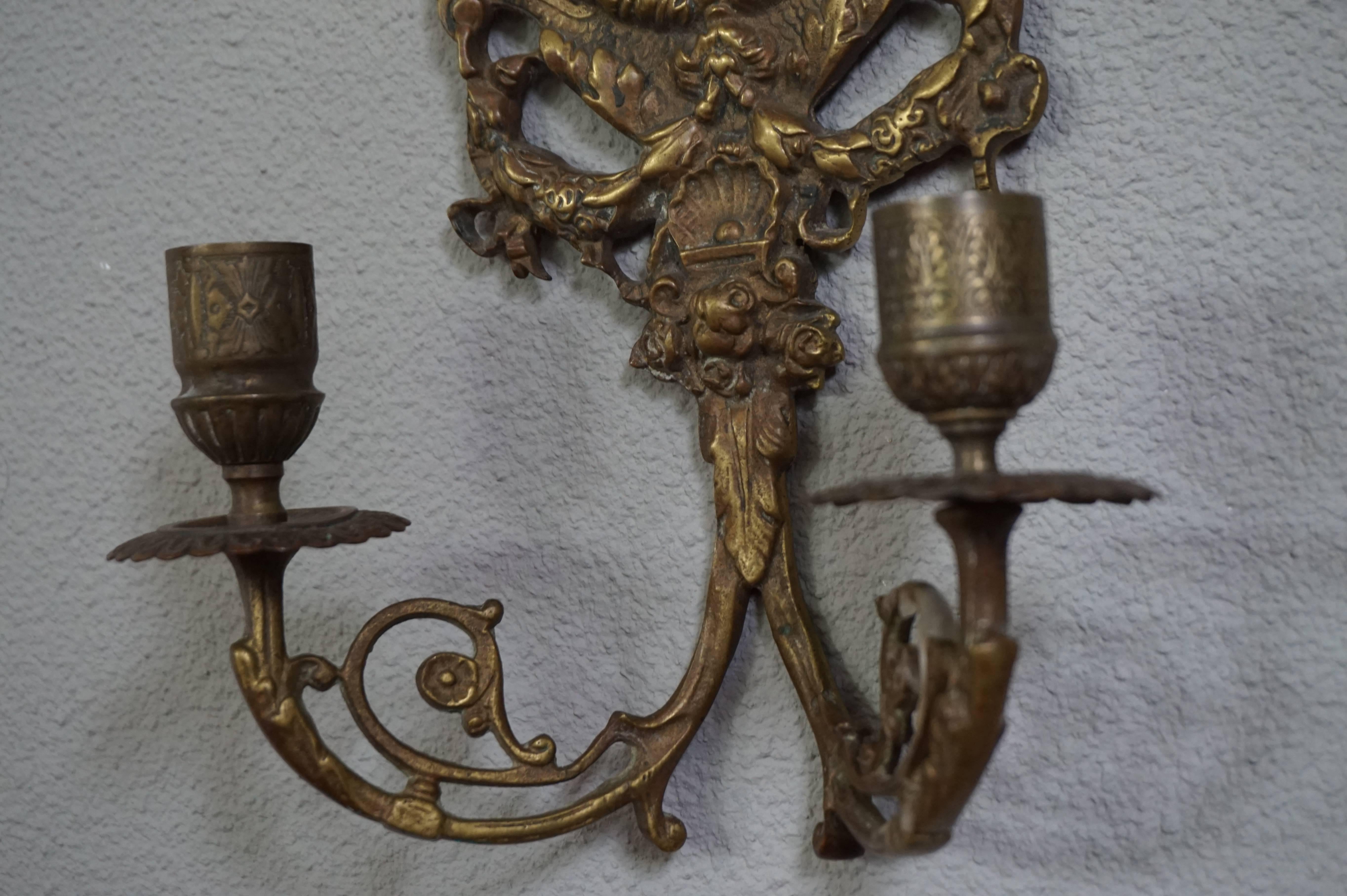 19th Century Antique Pair of Cast Bronze Wall Sconces / Candelabras with Oval Beveled Mirrors