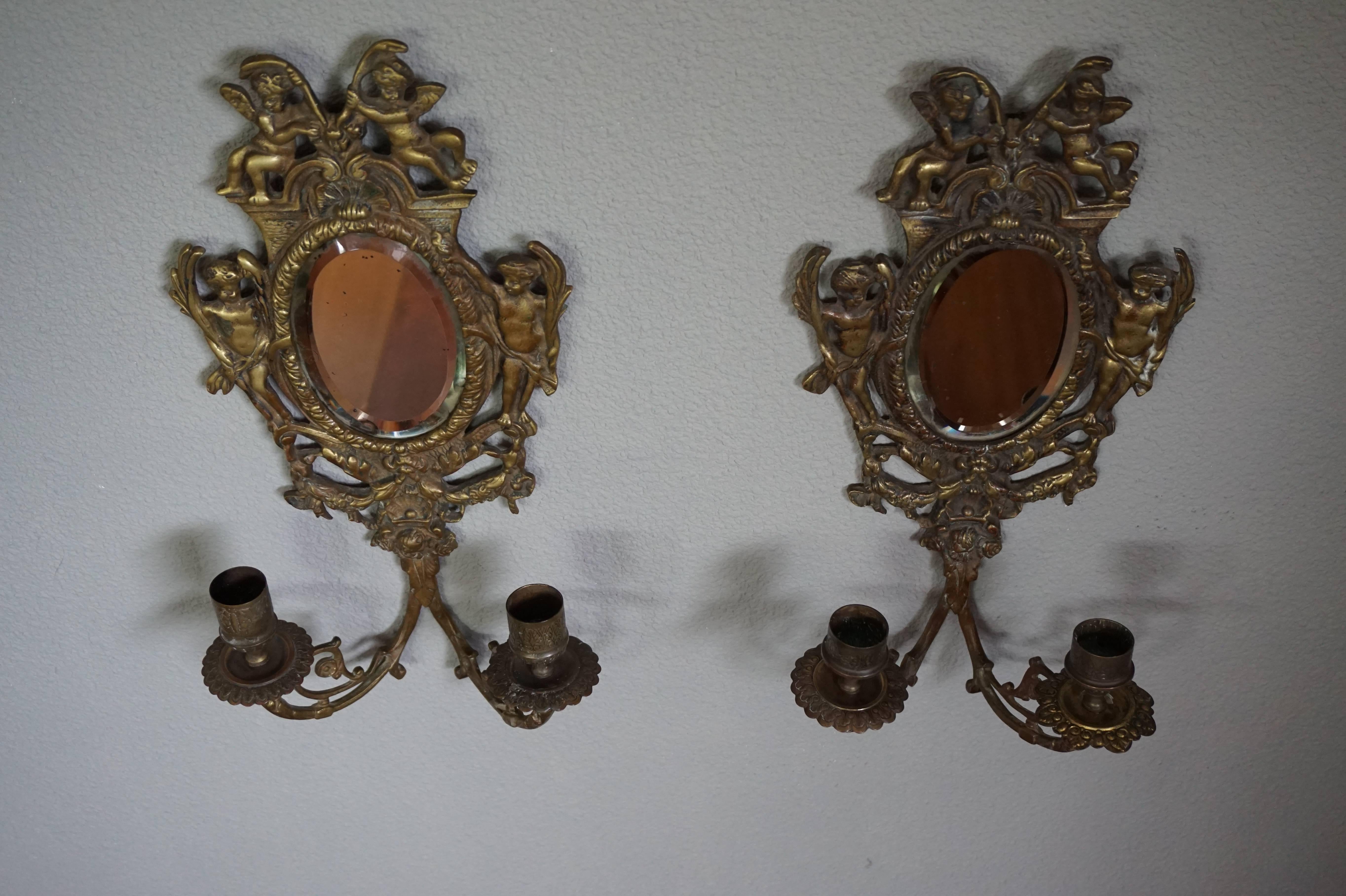Antique Pair of Cast Bronze Wall Sconces / Candelabras with Oval Beveled Mirrors 3