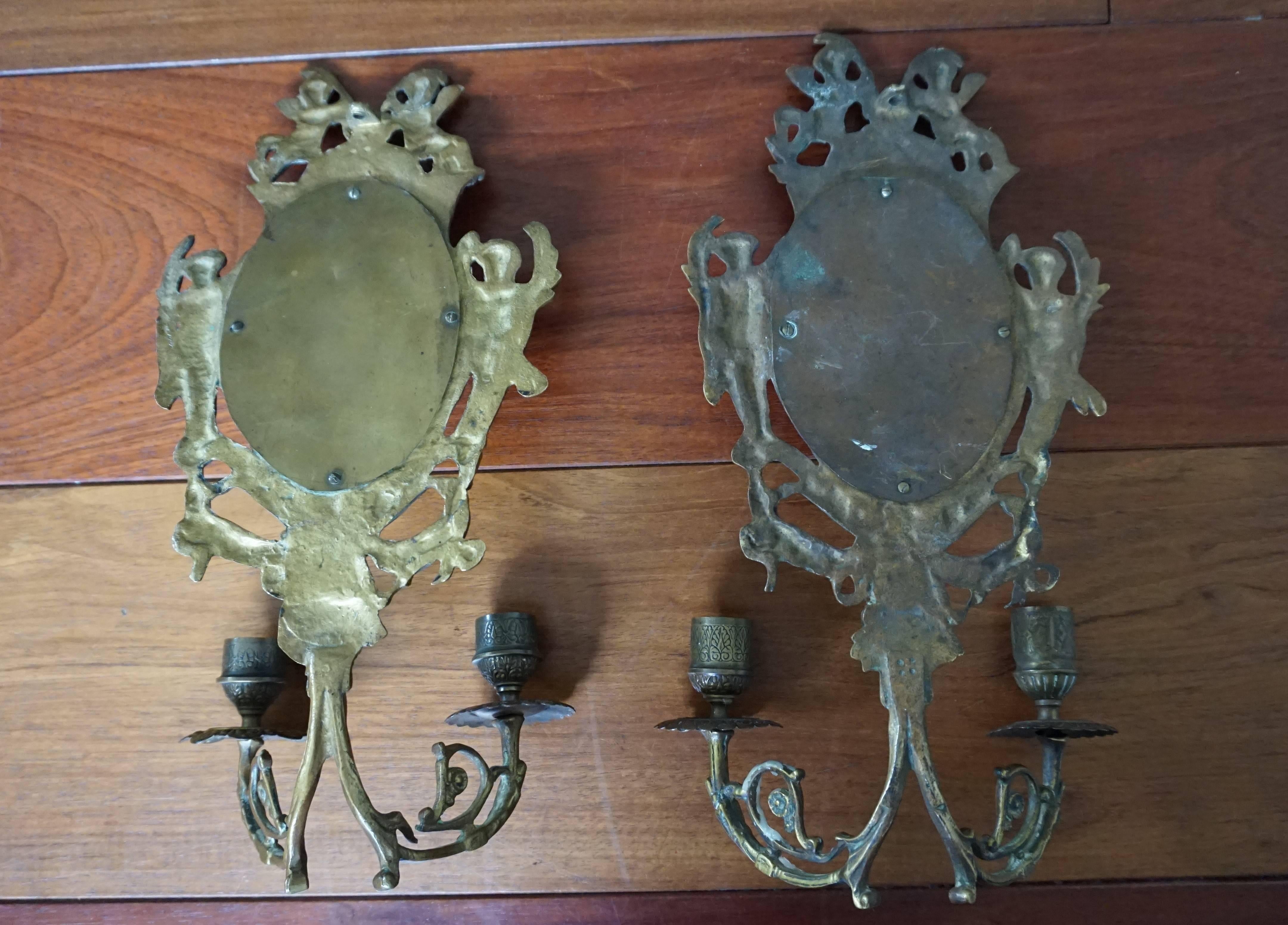 Antique Pair of Cast Bronze Wall Sconces / Candelabras with Oval Beveled Mirrors 4