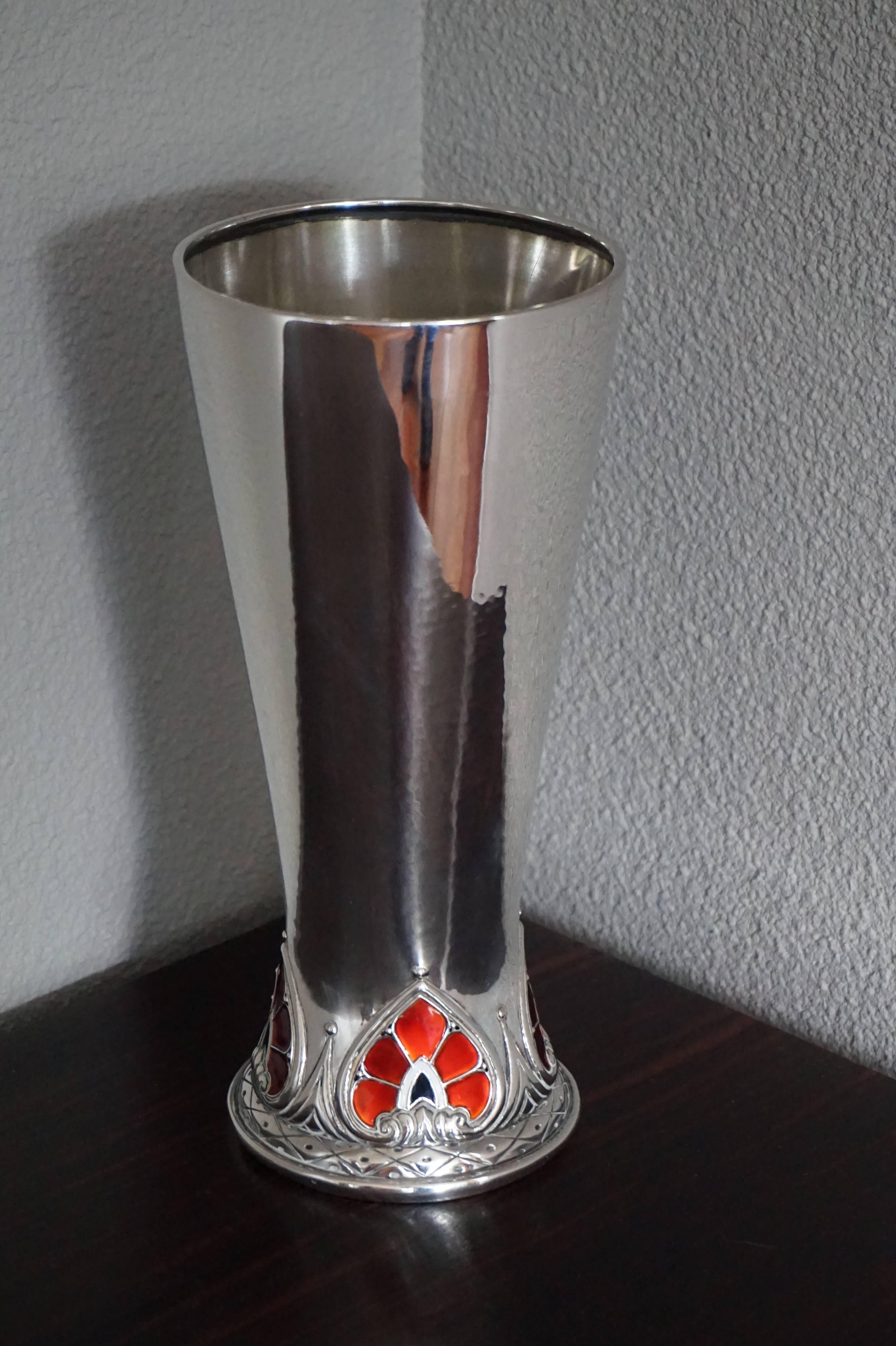 Stunning Arts and Crafts Enameled 830 Silver Vase by Silversmith Thune of Oslo For Sale 3