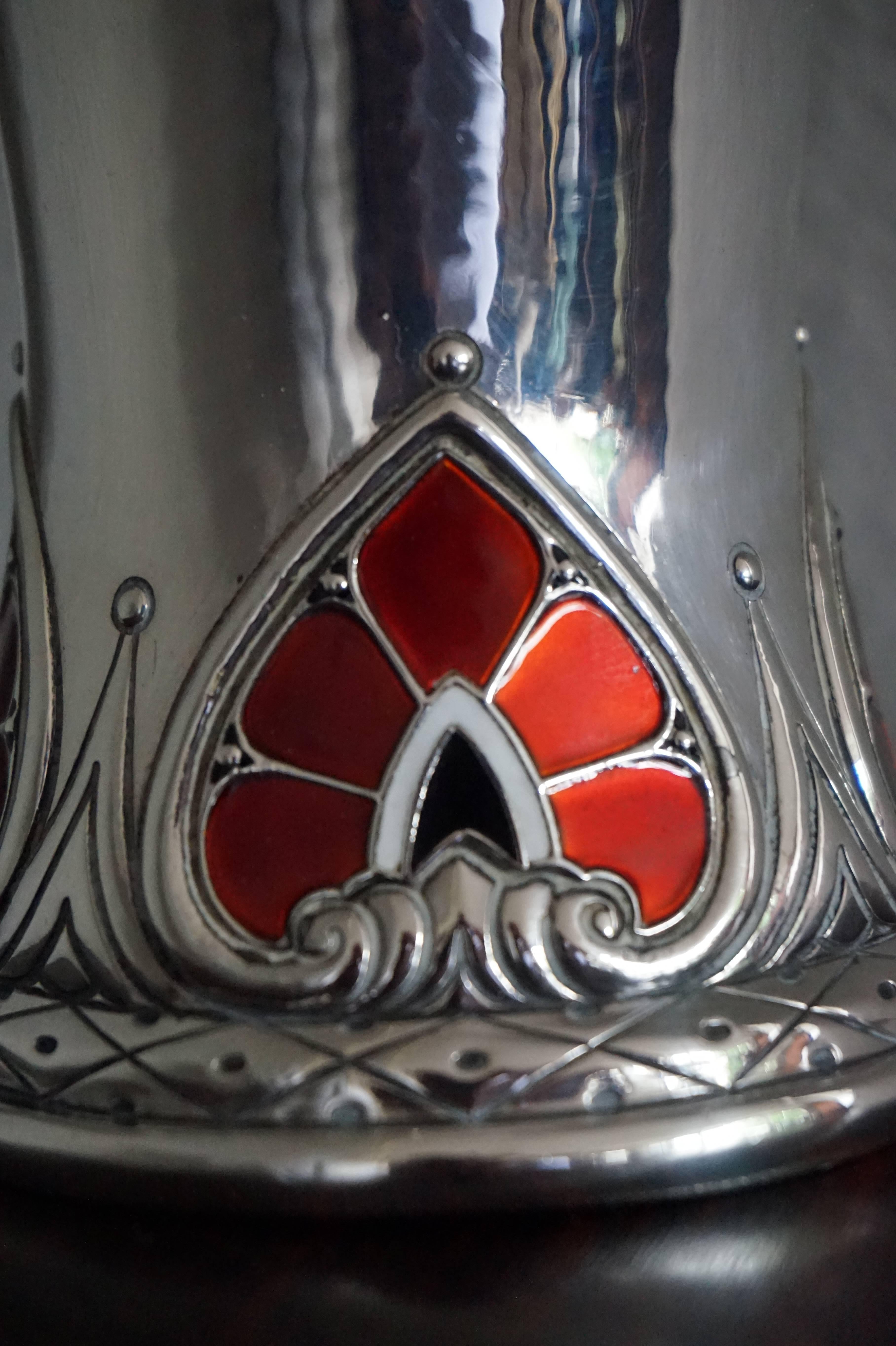 Norwegian Stunning Arts and Crafts Enameled 830 Silver Vase by Silversmith Thune of Oslo For Sale