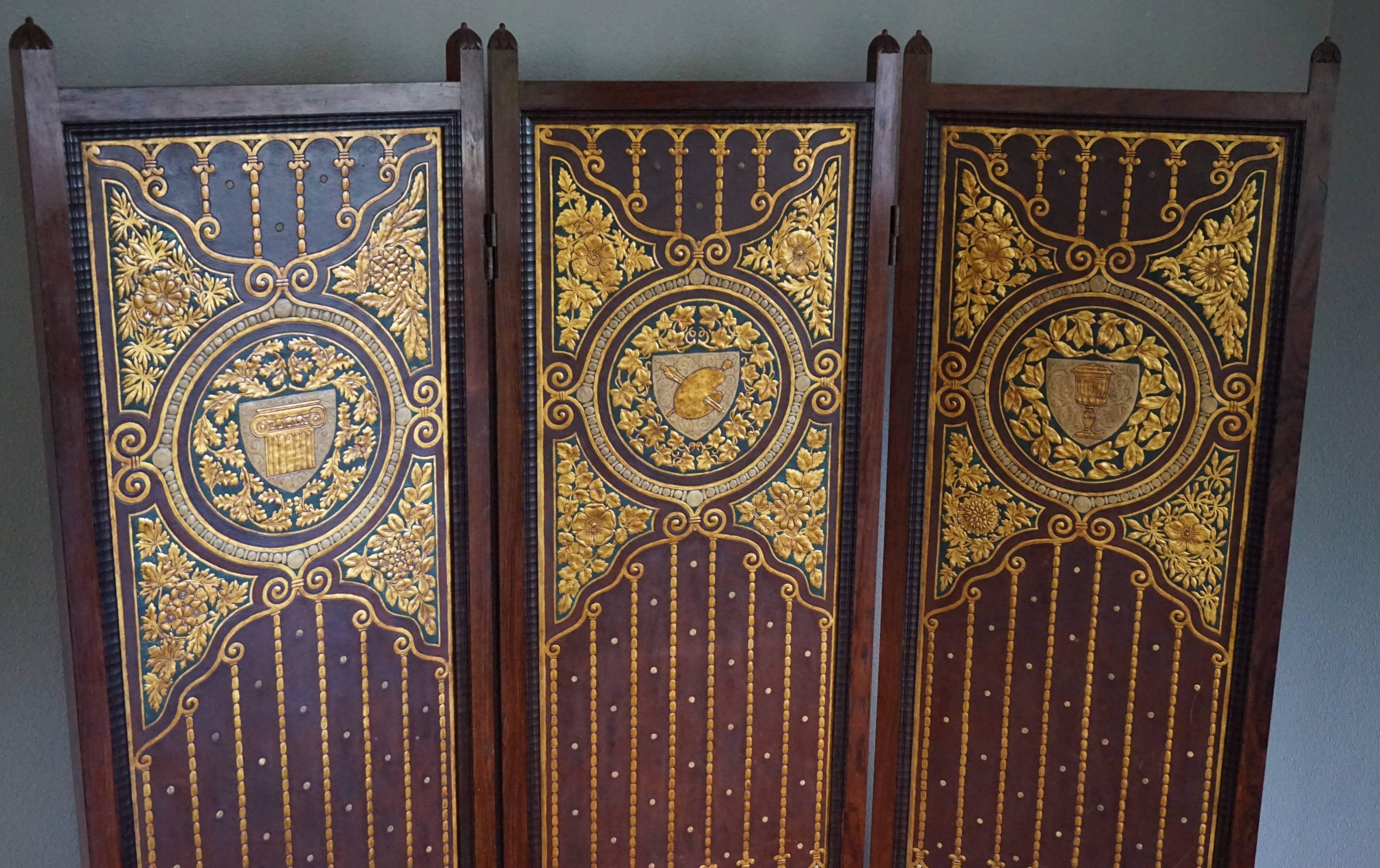 Unique and highly decorative, work of art folding screen.

Some will call this amazing and practical size folding screen Arts and Crafts and some will call it Classical Art Nouveau. If you are into applied arts from the turn of the century then the