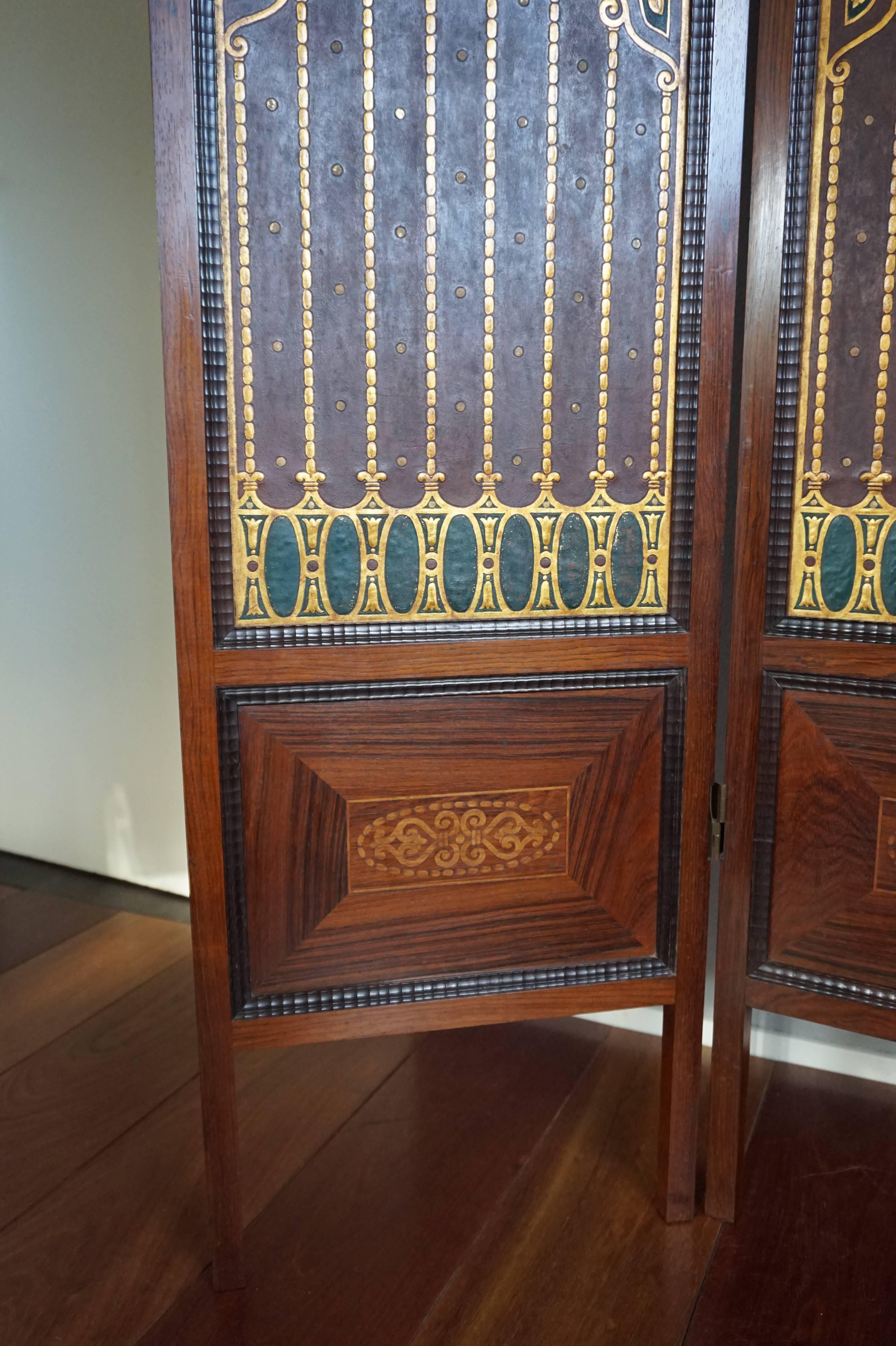 Hand-Carved Arts and Crafts Coromandel Folding Screen w. Embossed & Gilt Leather Decoration 