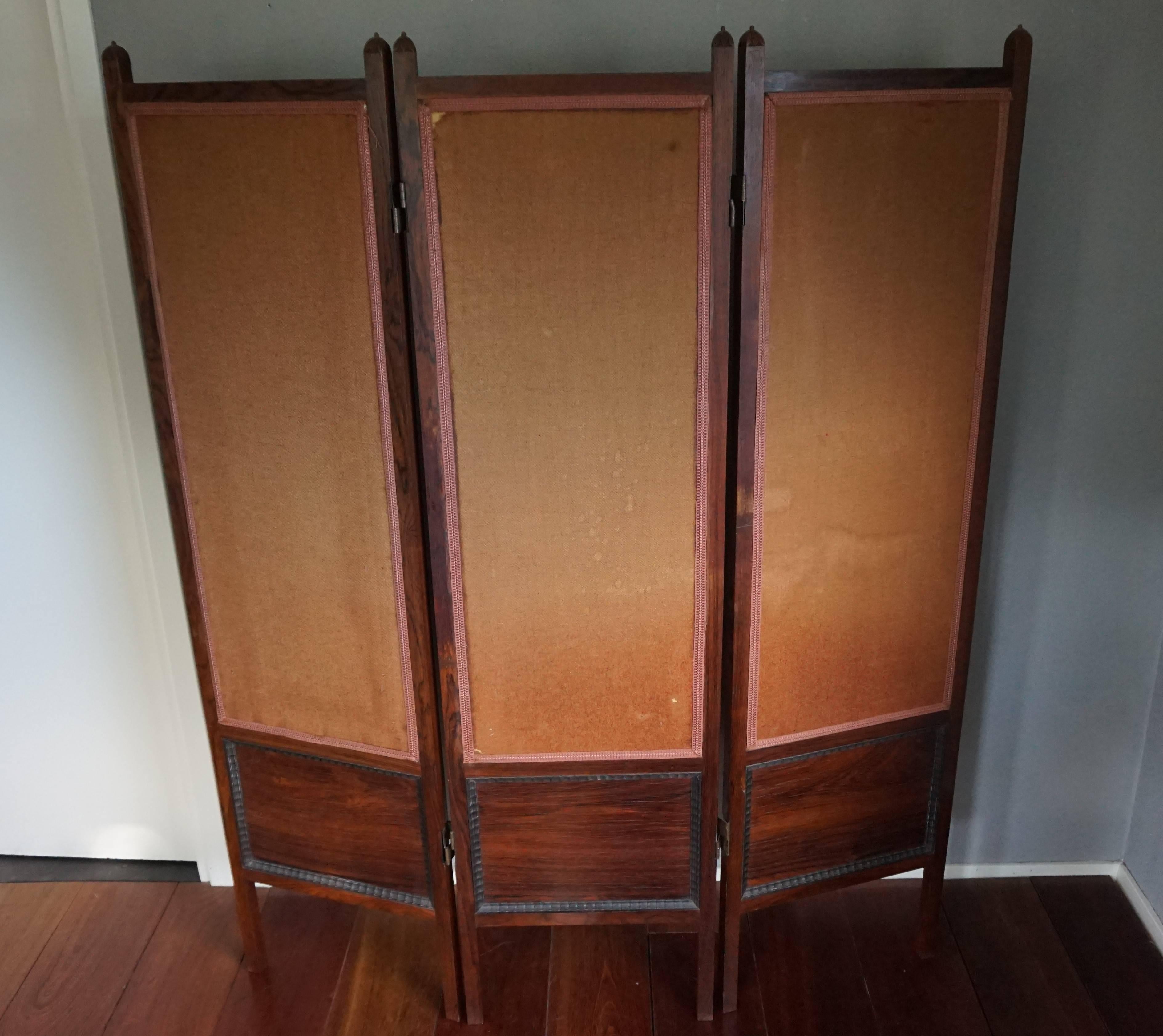 20th Century Arts and Crafts Coromandel Folding Screen w. Embossed & Gilt Leather Decoration 