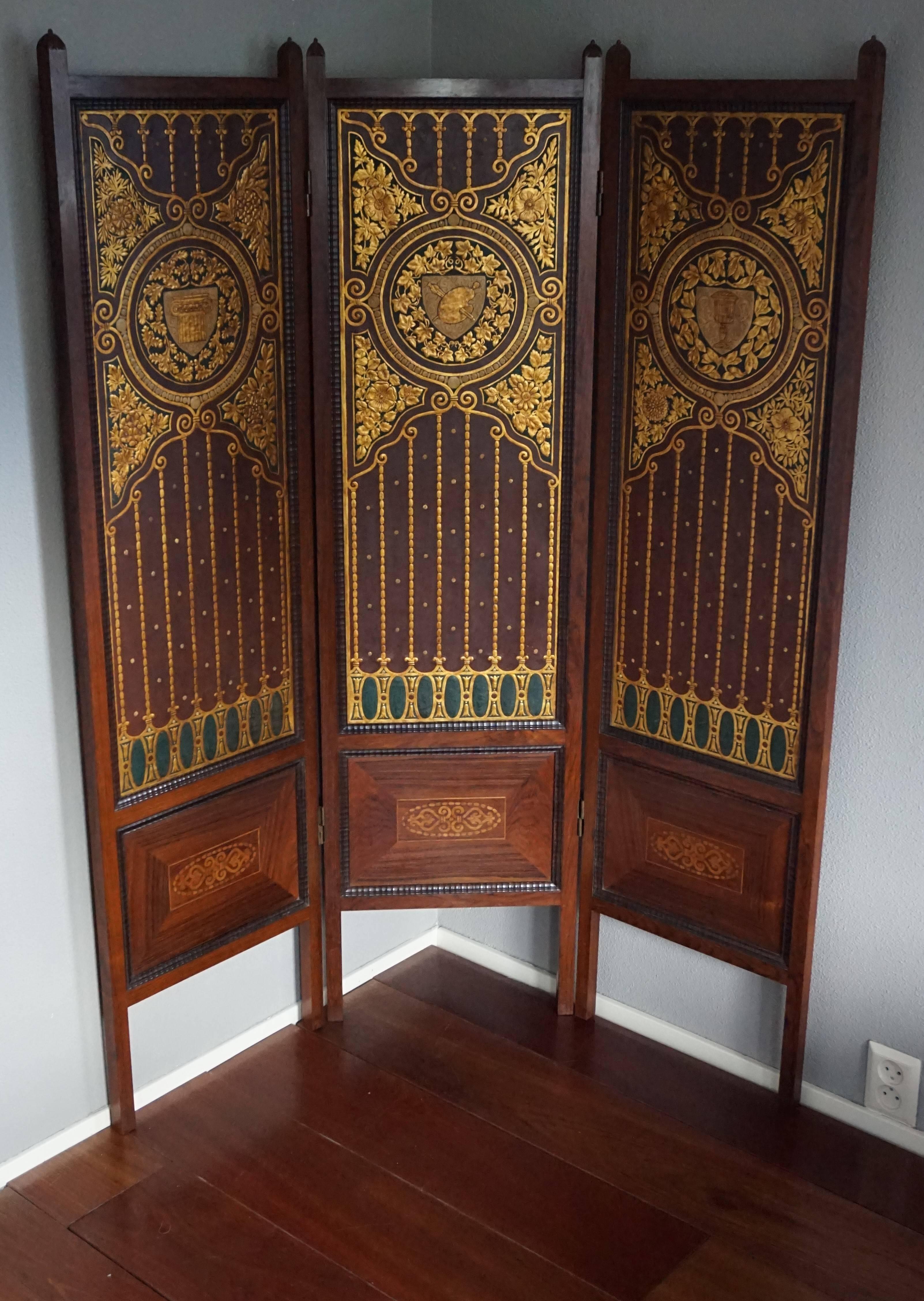 Arts and Crafts Coromandel Folding Screen w. Embossed & Gilt Leather Decoration  1