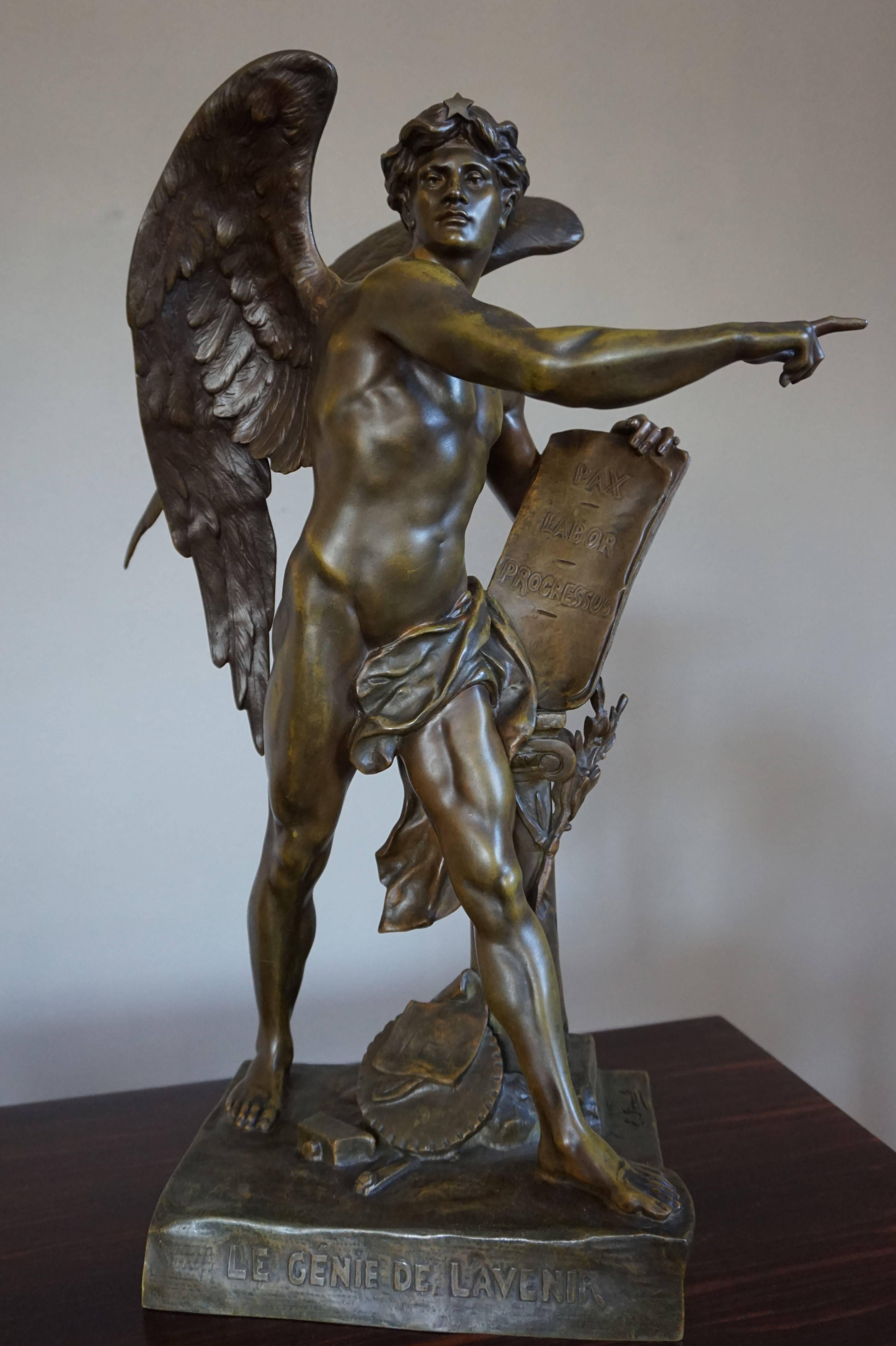 Stunning & Mint Bronze Sculpture the Genius of the Future by Emile Louis Picault 3