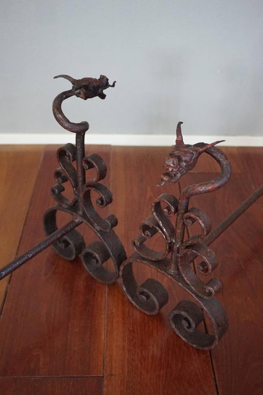 Antique and in Fire Wrought Iron Dragon Andirons or Fireplace Firedogs For Sale at 1stdibs