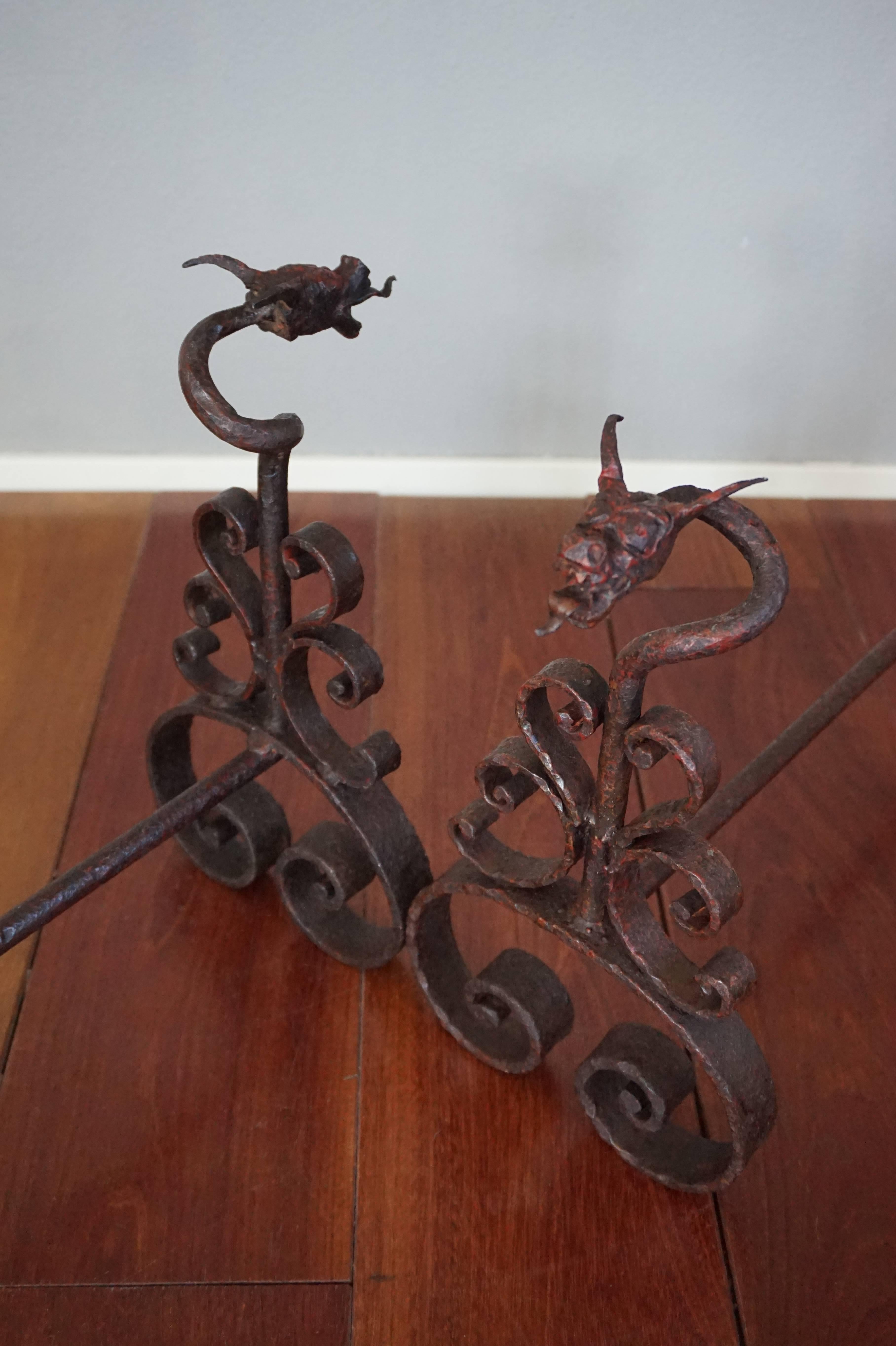 Antique Hand Forged Wrought Iron Dragon Andirons or Firedogs / Fireplace Tools In Good Condition In Lisse, NL