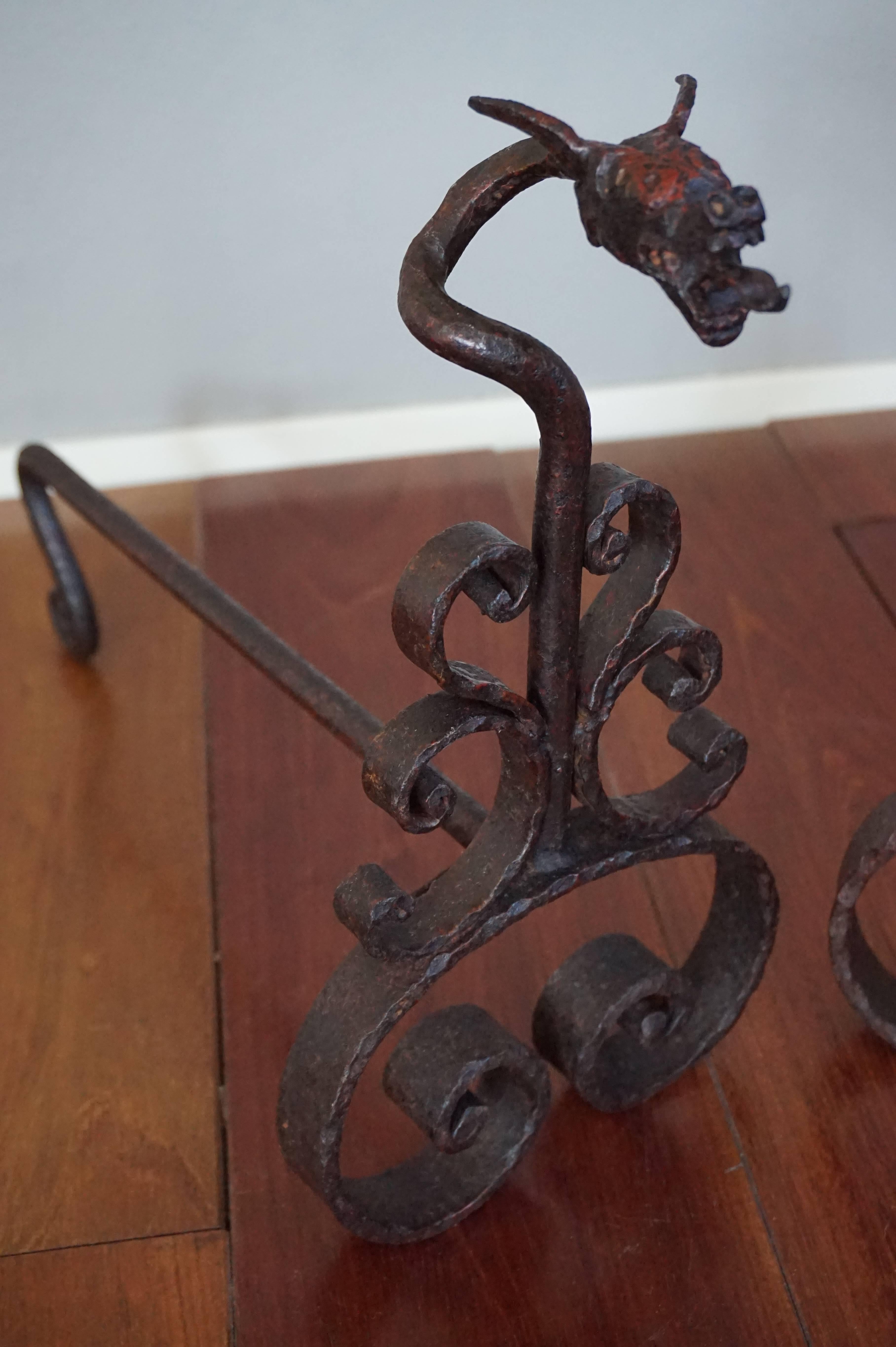 Antique Hand Forged Wrought Iron Dragon Andirons or Firedogs / Fireplace Tools 1