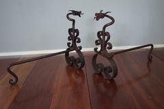 Antique Hand Forged Wrought Iron Dragon Andirons or Firedogs / Fireplace Tools