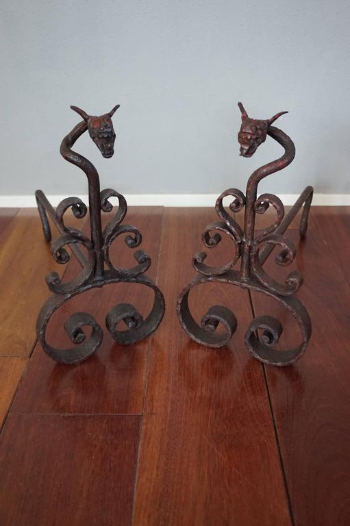 Antique Hand Wrought Iron Dragon Andirons or Firedogs / Fireplace Tools at 1stDibs hand
