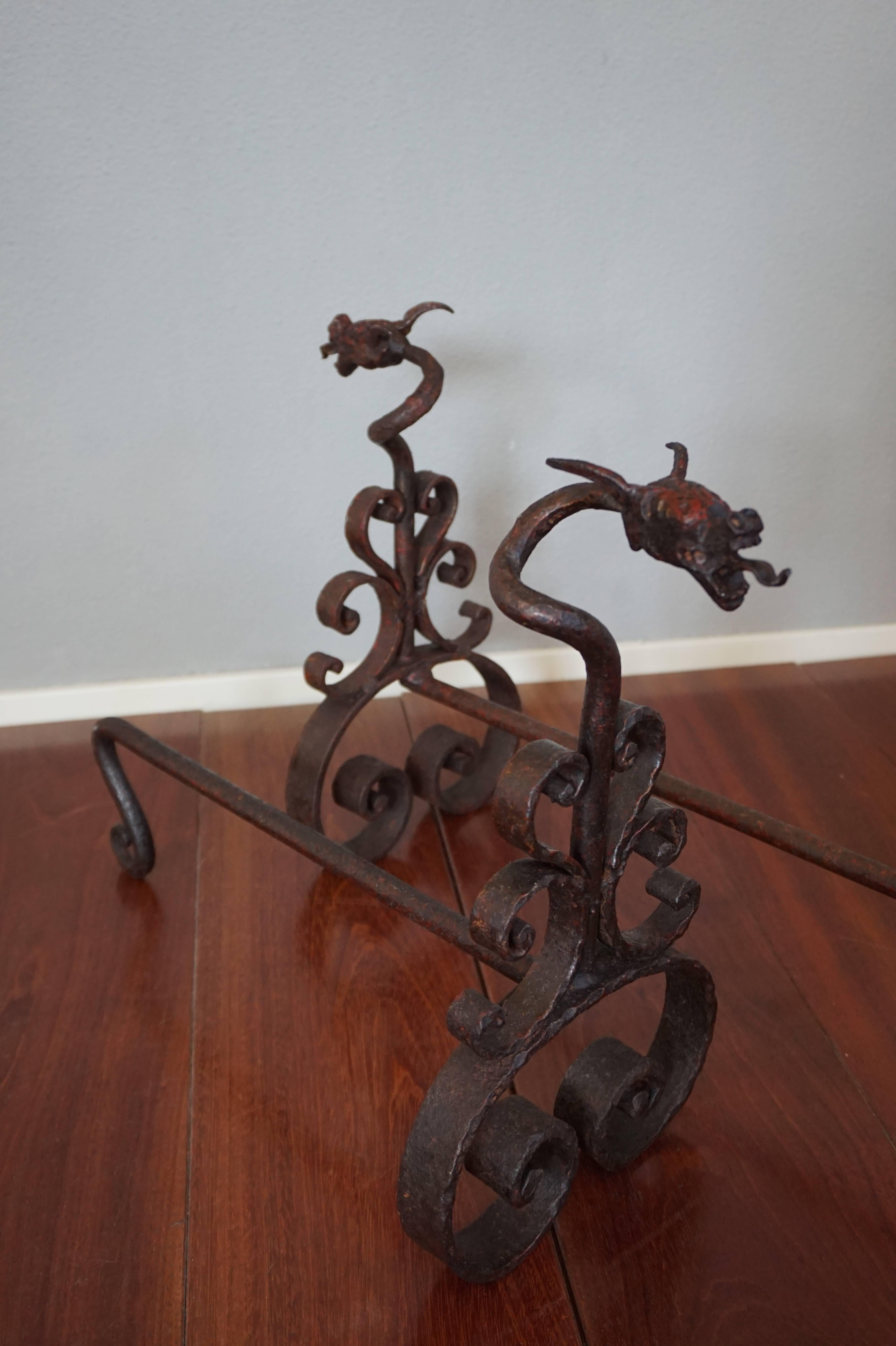 19th Century Antique Hand Forged Wrought Iron Dragon Andirons or Firedogs / Fireplace Tools