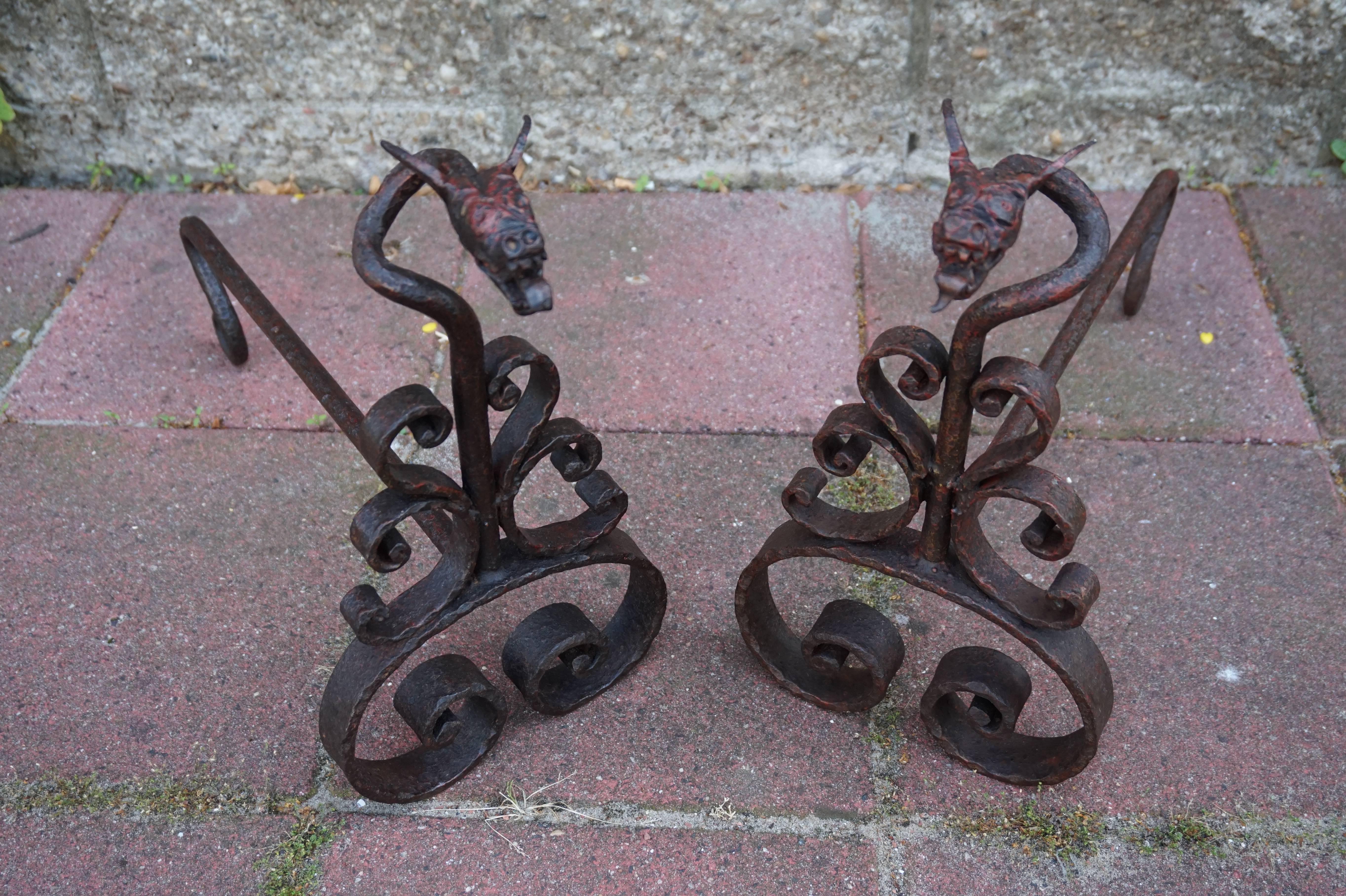 Antique Hand Forged Wrought Iron Dragon Andirons or Firedogs / Fireplace Tools 2