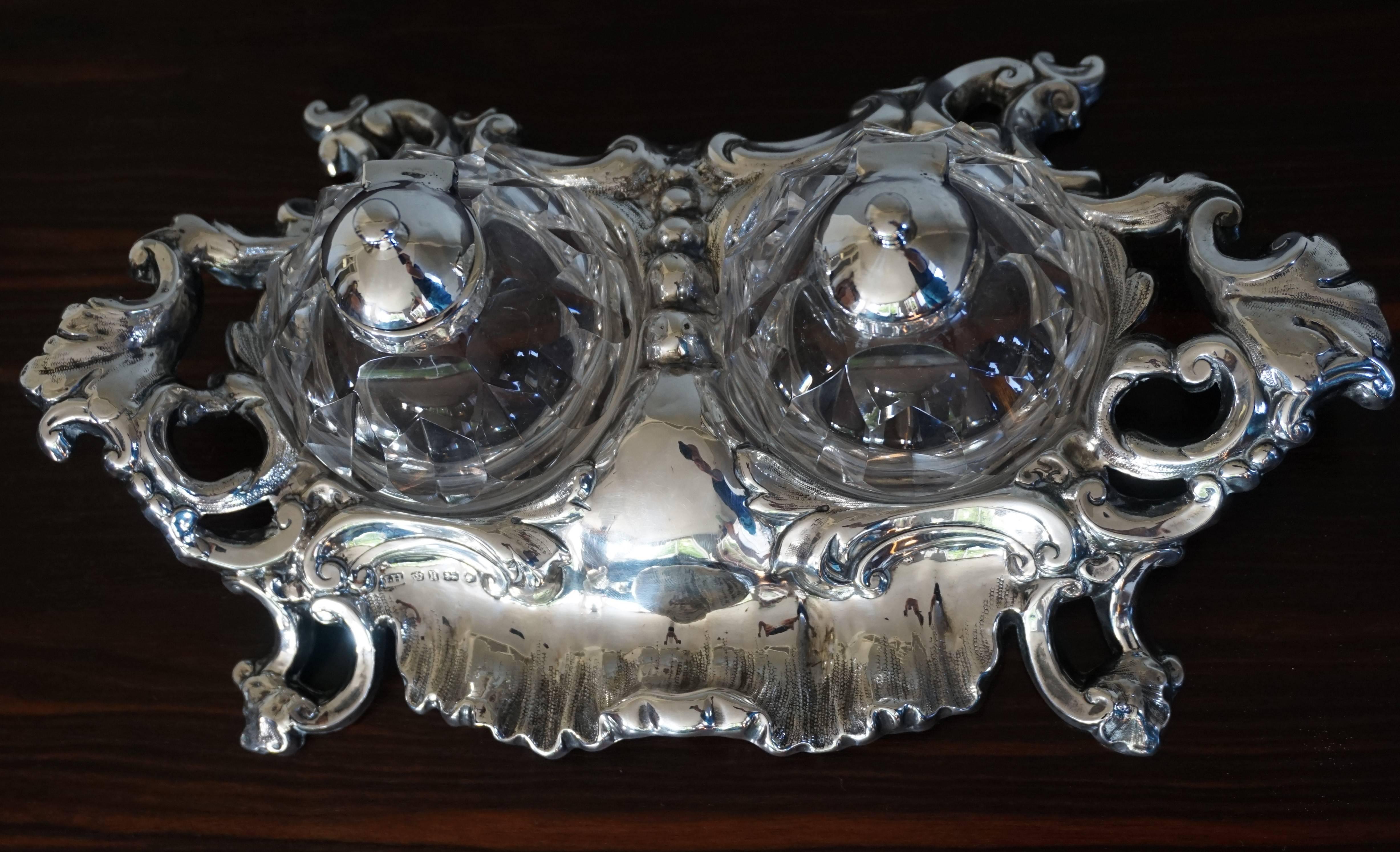 Rococo Revival Antique Sterling Silver Rococo Style Inkstand with Crystal Glass Inkwells, 1859