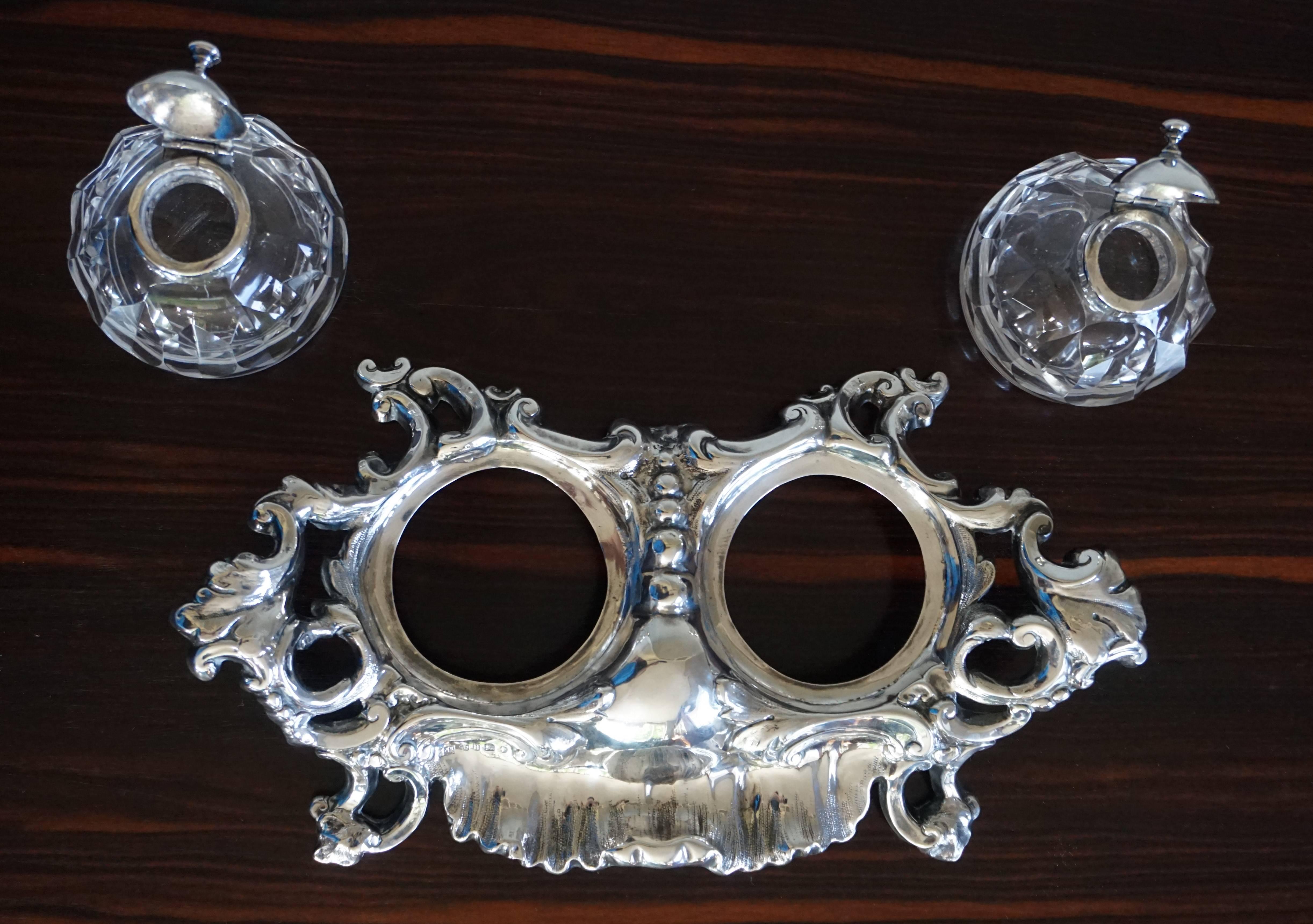 English Antique Sterling Silver Rococo Style Inkstand with Crystal Glass Inkwells, 1859