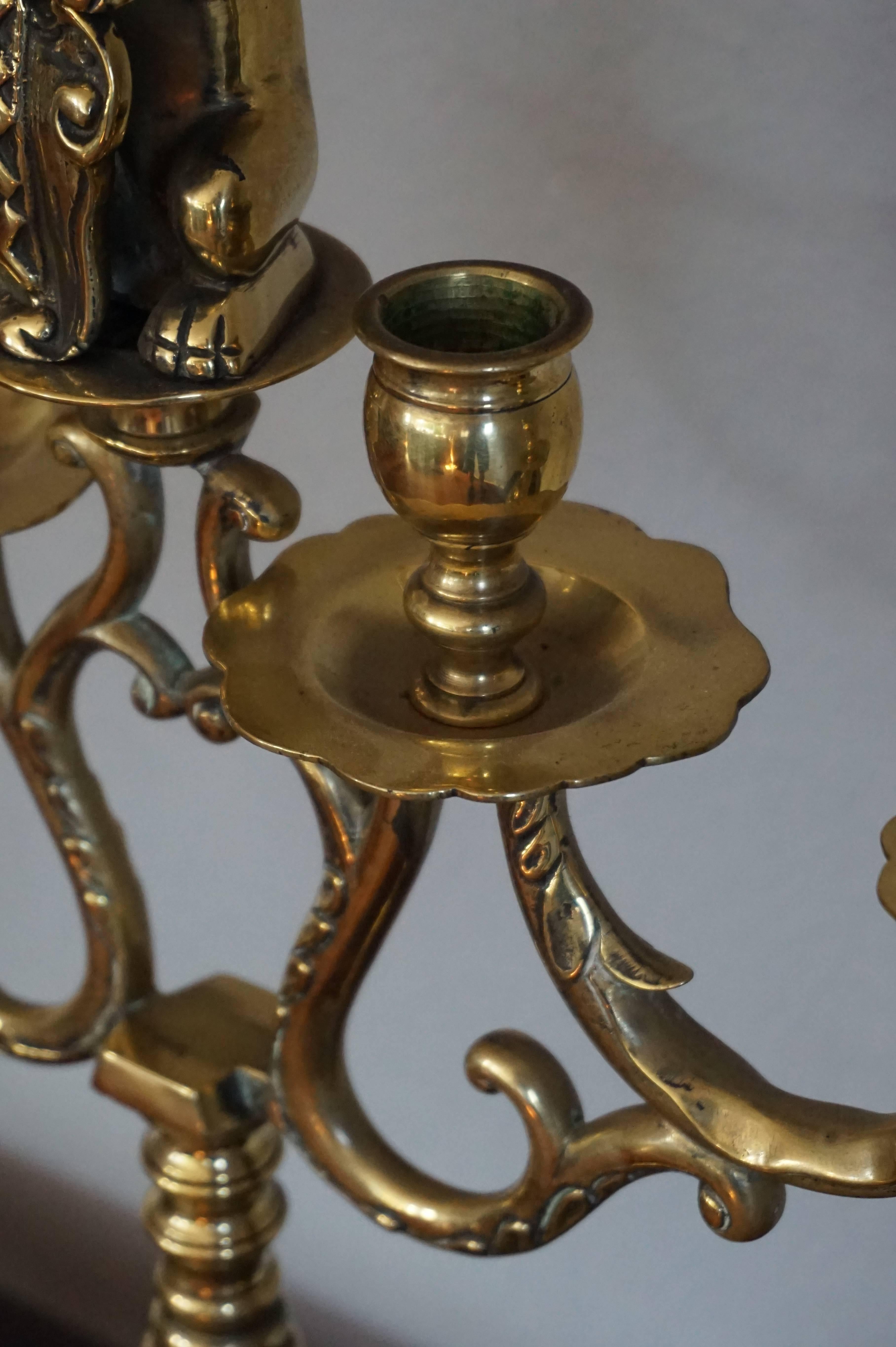 Large Pair of Brass Candelabras with Lions Holding the Coat of Arms of Amsterdam For Sale 1