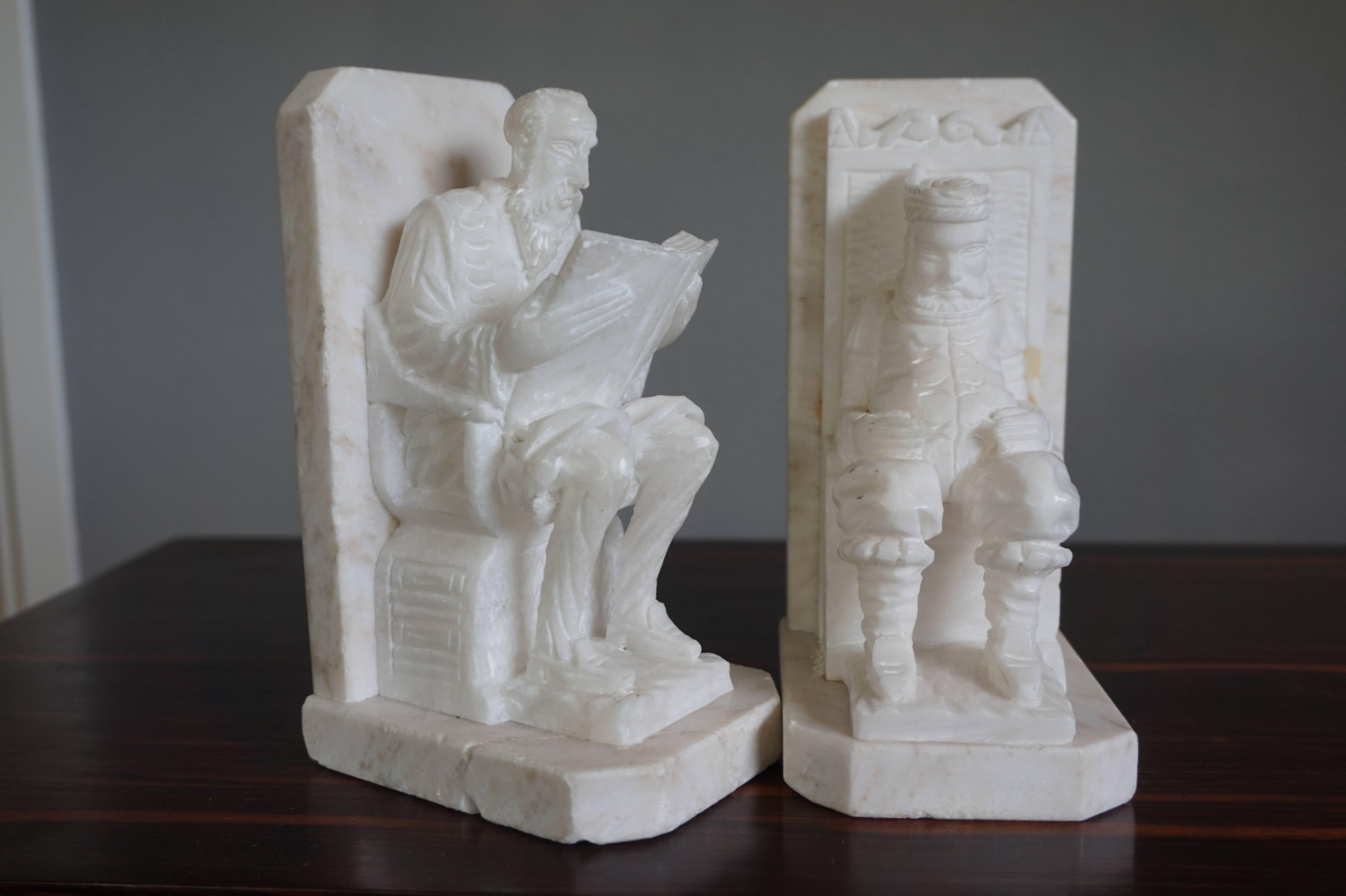 French Hand-Carved Alabaster Don Quixote and Sancho Panza Bookends Mid-Century Italy