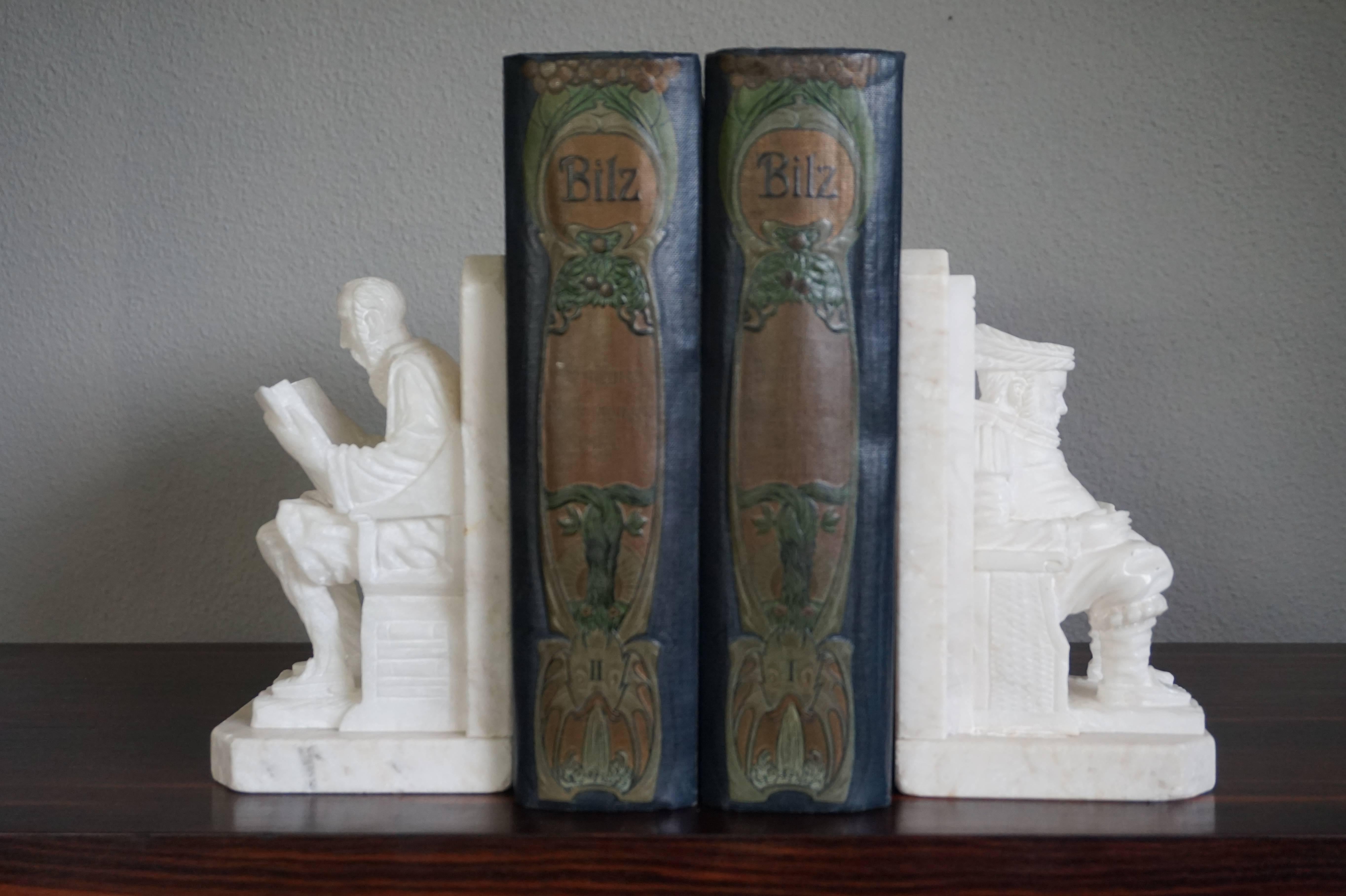 Hand-Carved Alabaster Don Quixote and Sancho Panza Bookends Mid-Century Italy In Good Condition In Lisse, NL