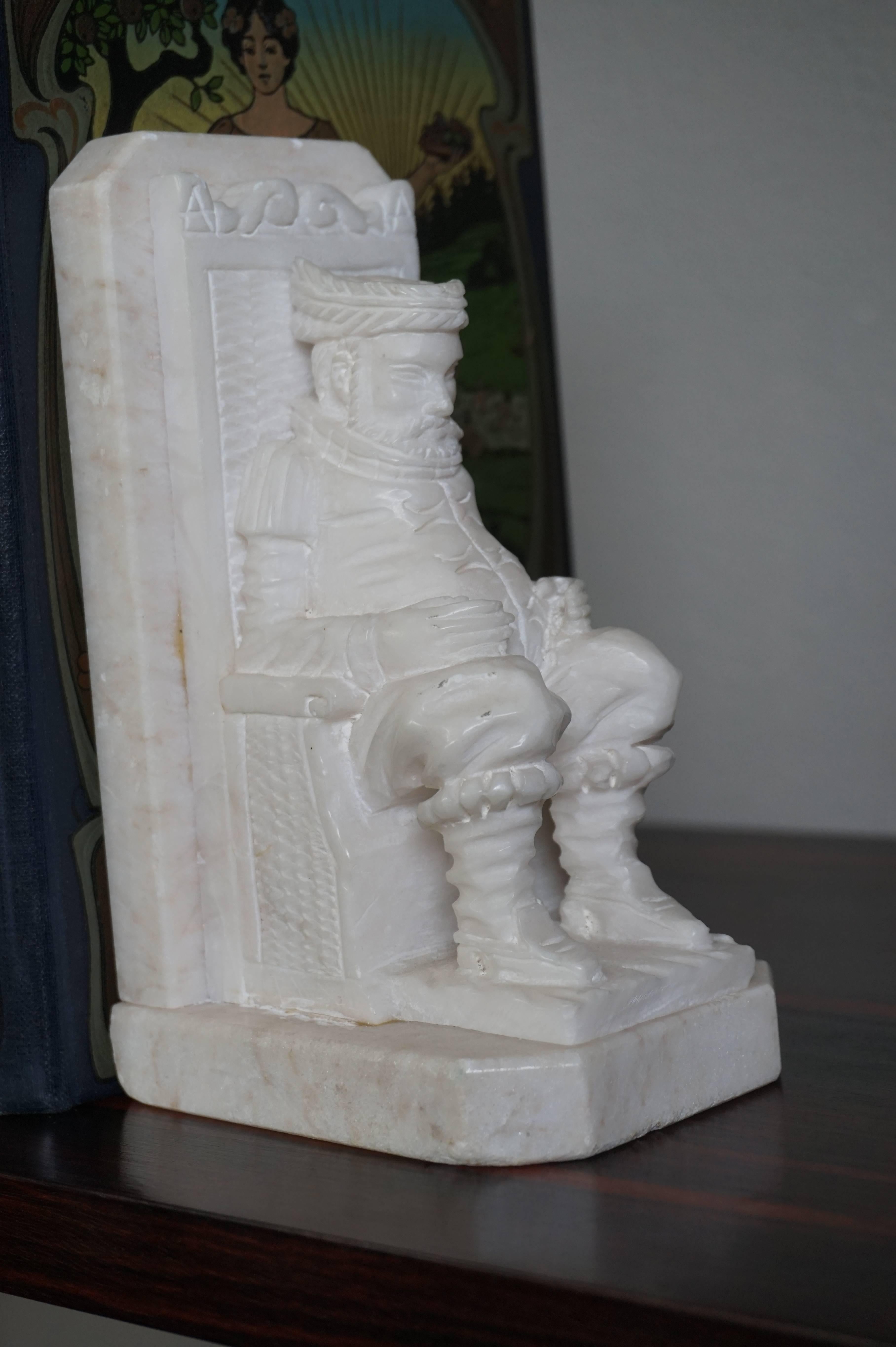 20th Century Hand-Carved Alabaster Don Quixote and Sancho Panza Bookends Mid-Century Italy