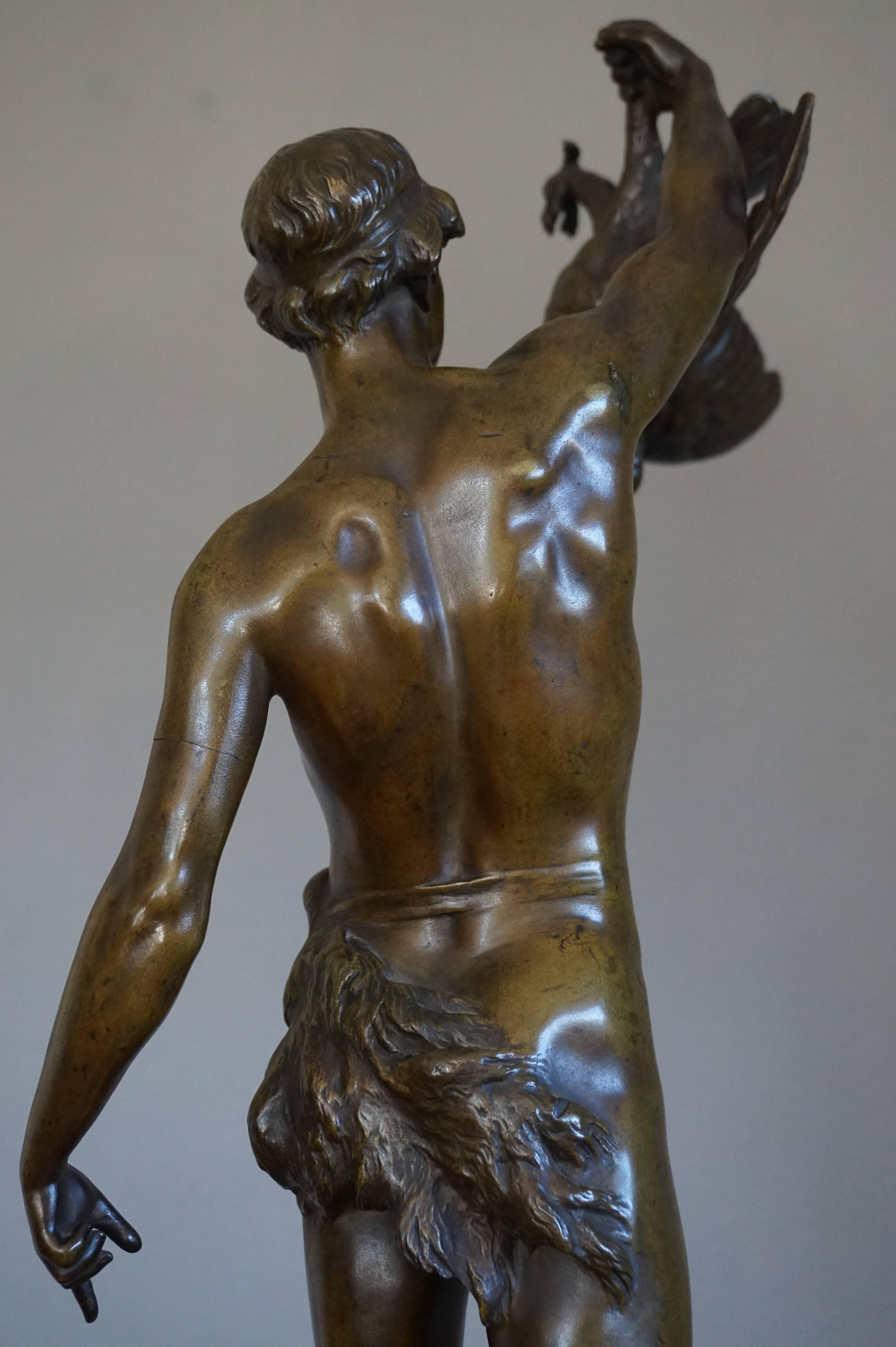 Stunning Antique Bronze Sculpture of Young Male Hunter & Prey by Georges Coudray 1