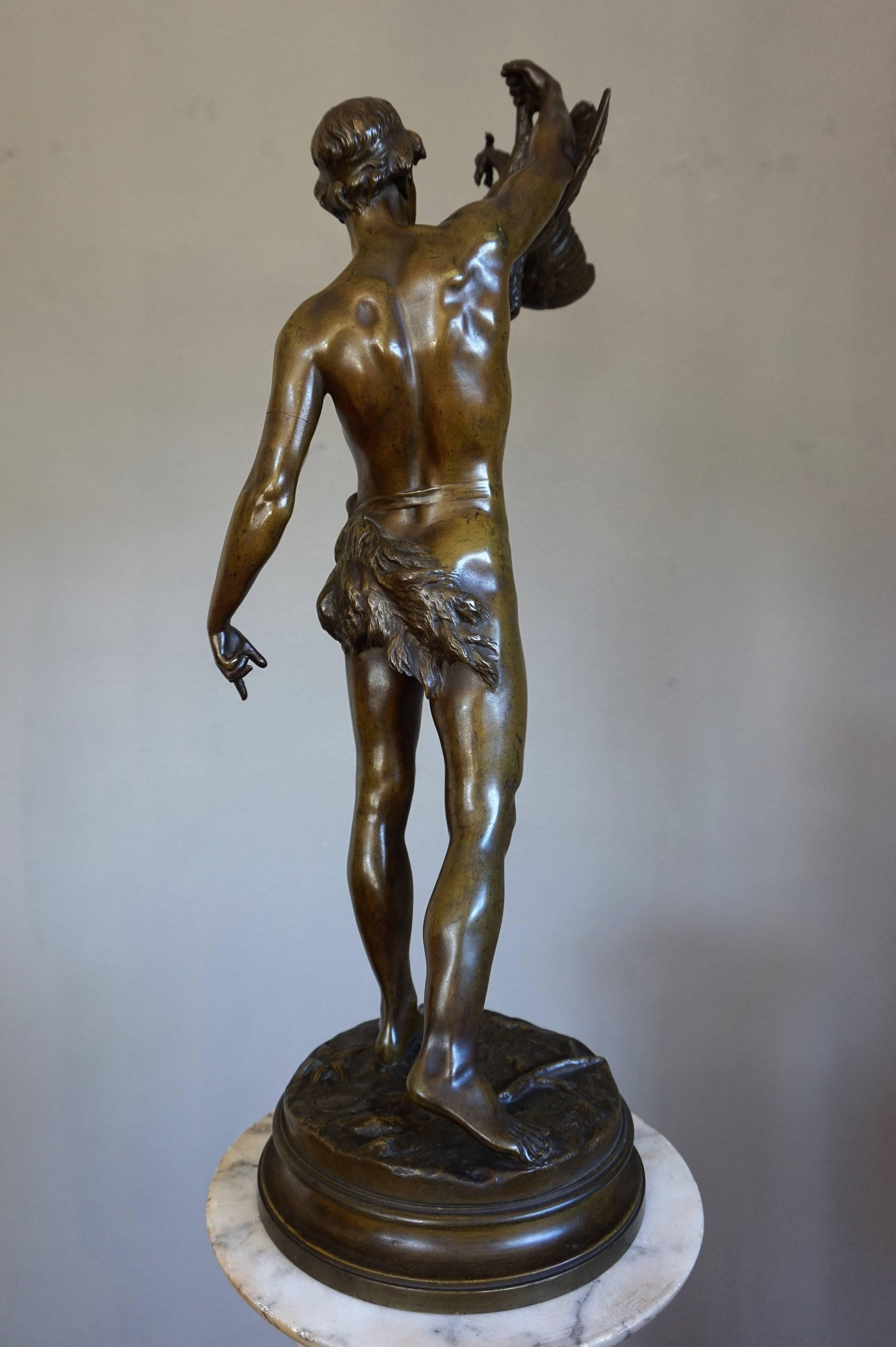 20th Century Stunning Antique Bronze Sculpture of Young Male Hunter & Prey by Georges Coudray
