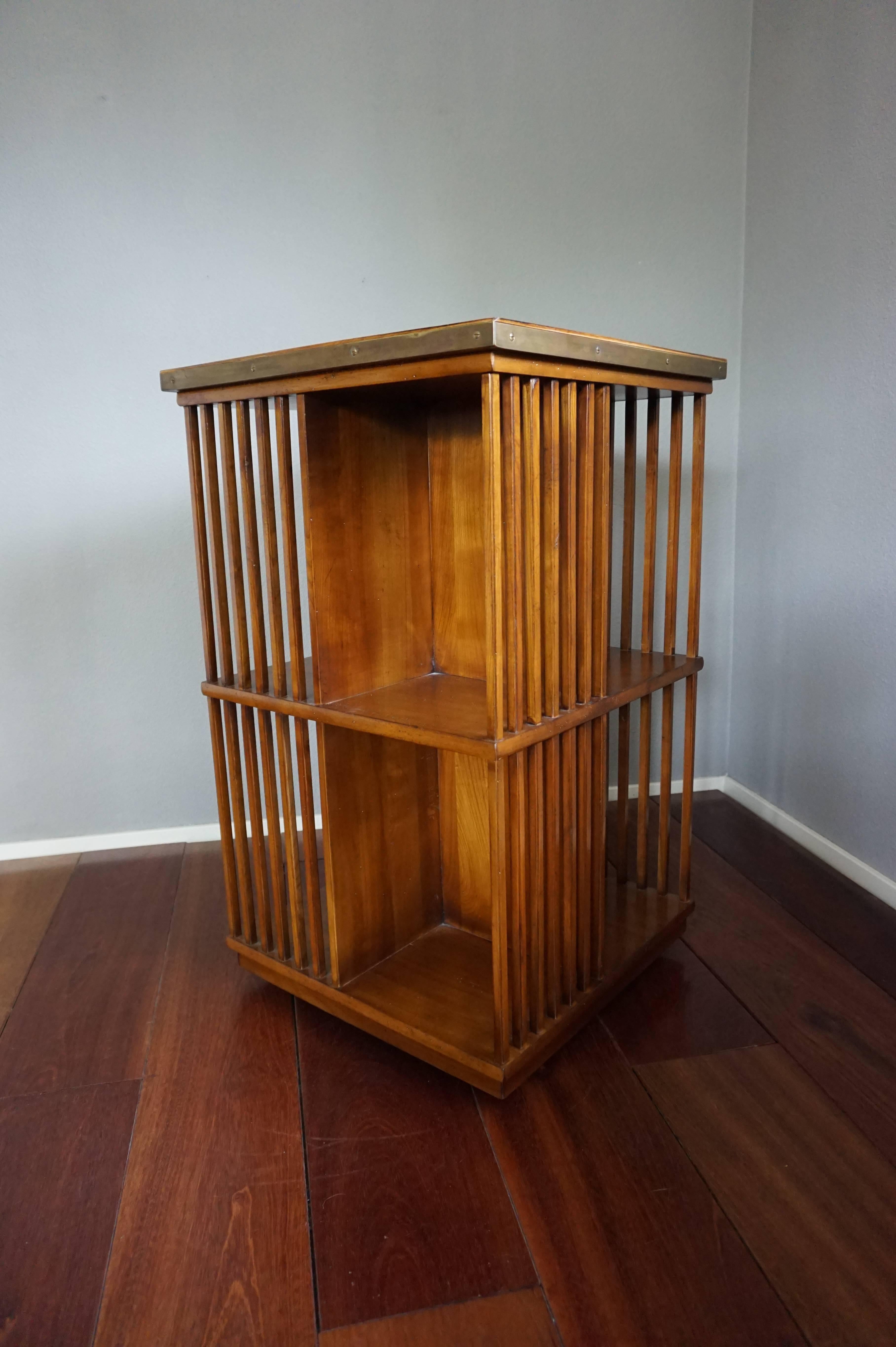 Vintage French Campaign Style Cherrywood Revolving Bookcase with Brass Lining 5