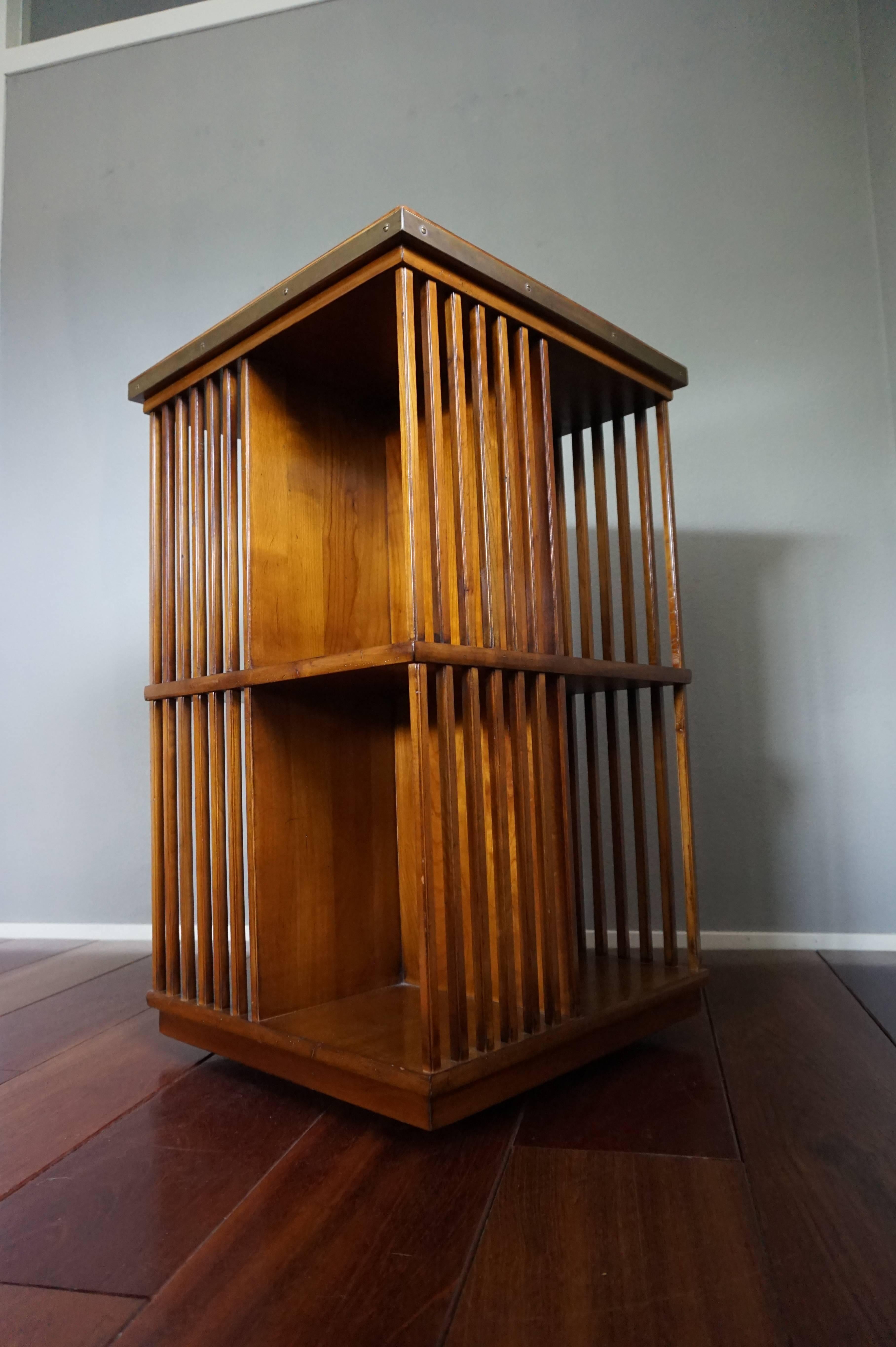 Vintage French Campaign Style Cherrywood Revolving Bookcase with Brass Lining 2