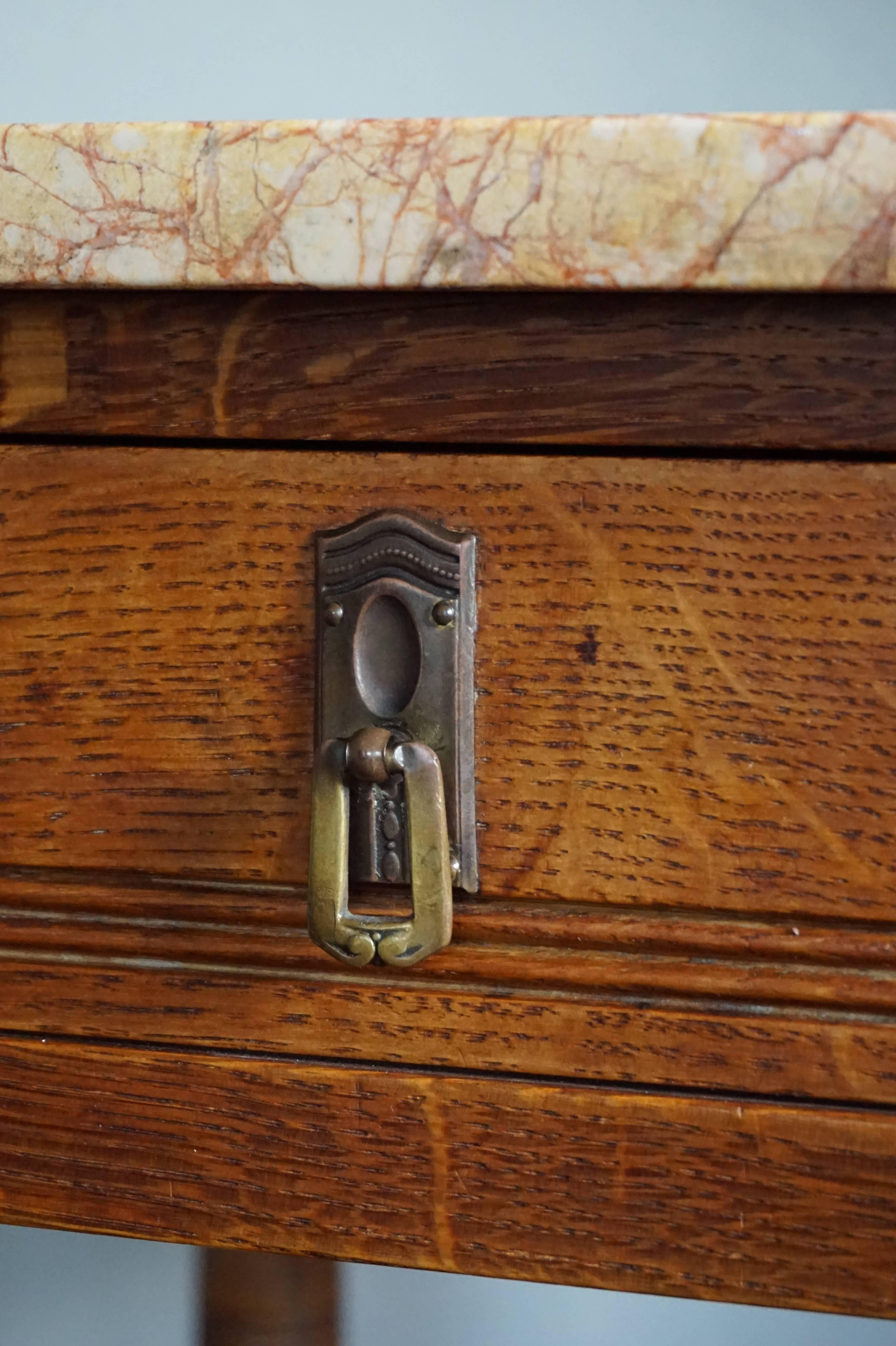 European Antique, Tall and Inlaid Solid Oak Bedside Cabinets with Marble Tops, A Bargain