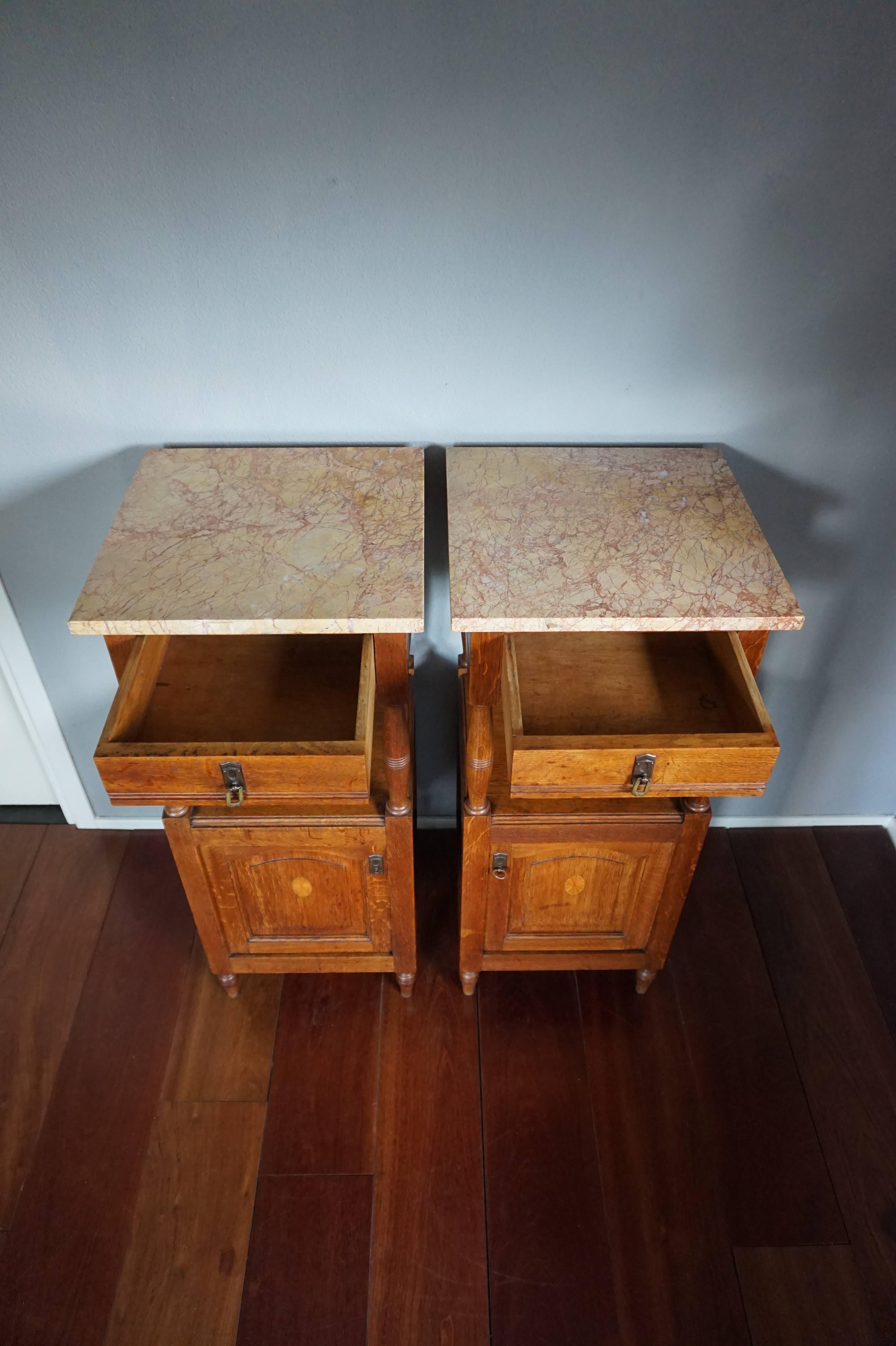 Arts and Crafts Antique, Tall and Inlaid Solid Oak Bedside Cabinets with Marble Tops, A Bargain