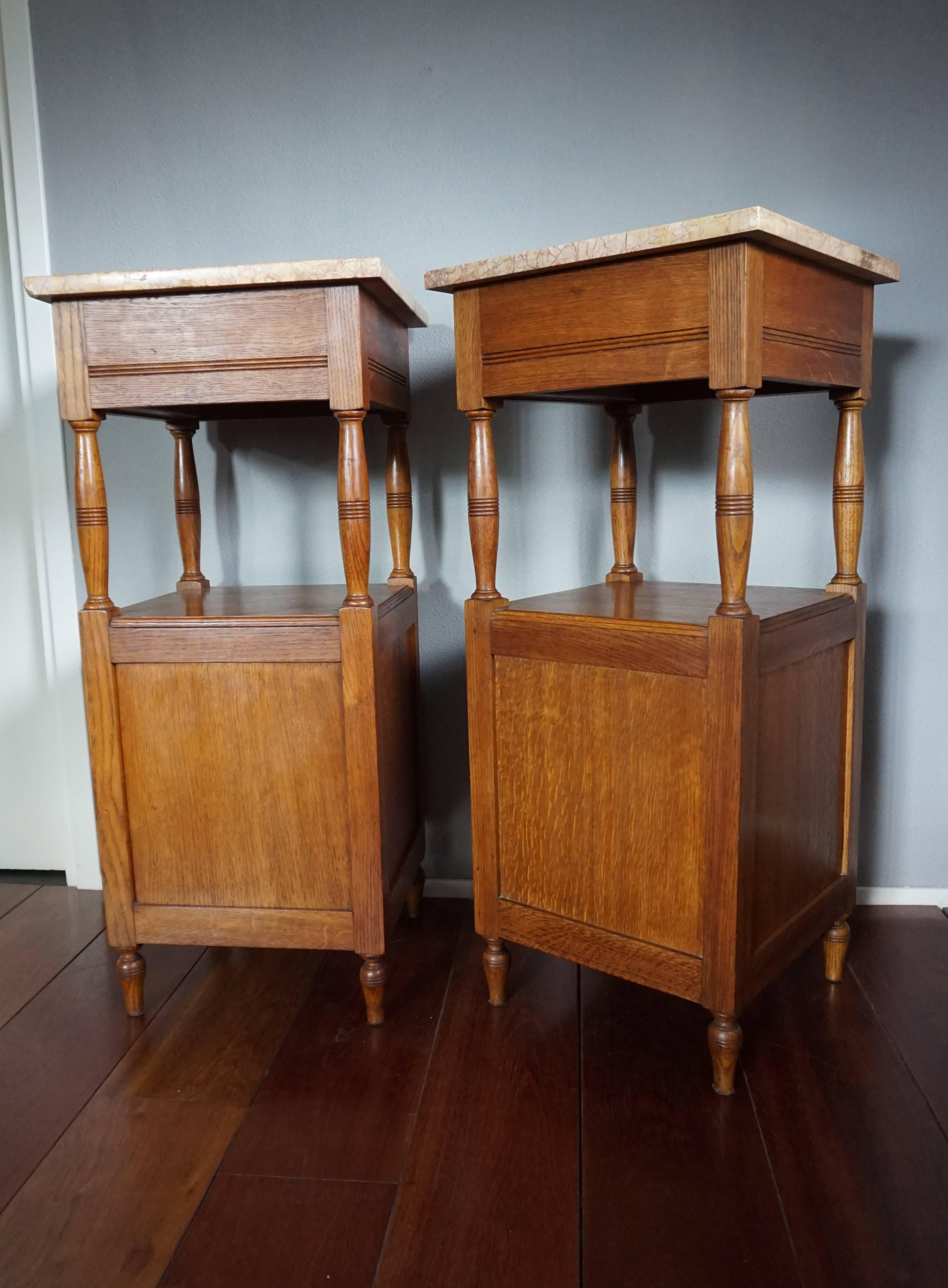 Cast Antique, Tall and Inlaid Solid Oak Bedside Cabinets with Marble Tops, A Bargain