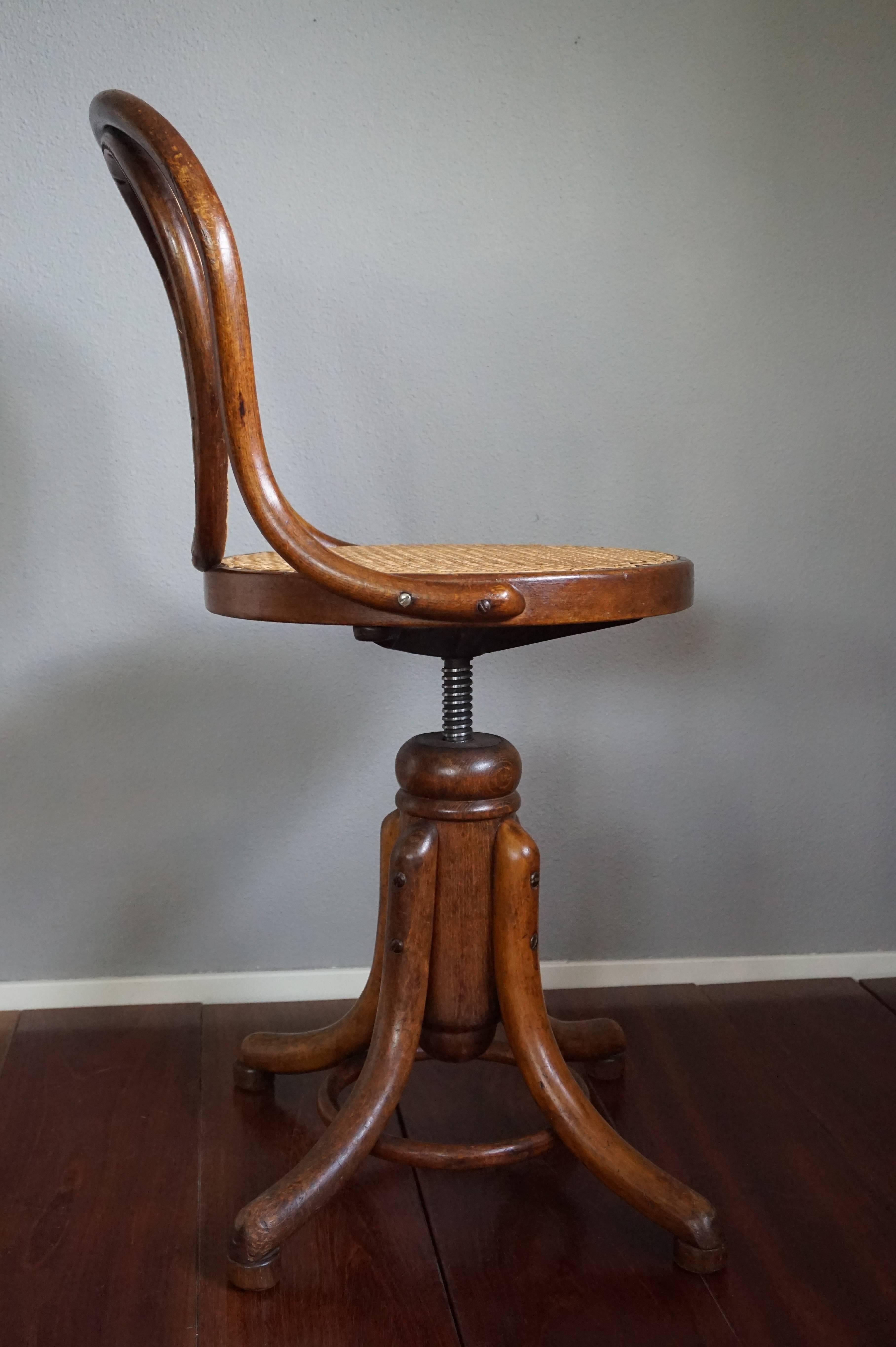 Hand-Crafted Elegant Viennese Thonet Bentwood and Webbing Ladies Desk or Piano Swivel Chair
