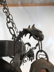 Unique Hand Forged Wrought Iron Chandelier with Four Winged Griffin Sculptures