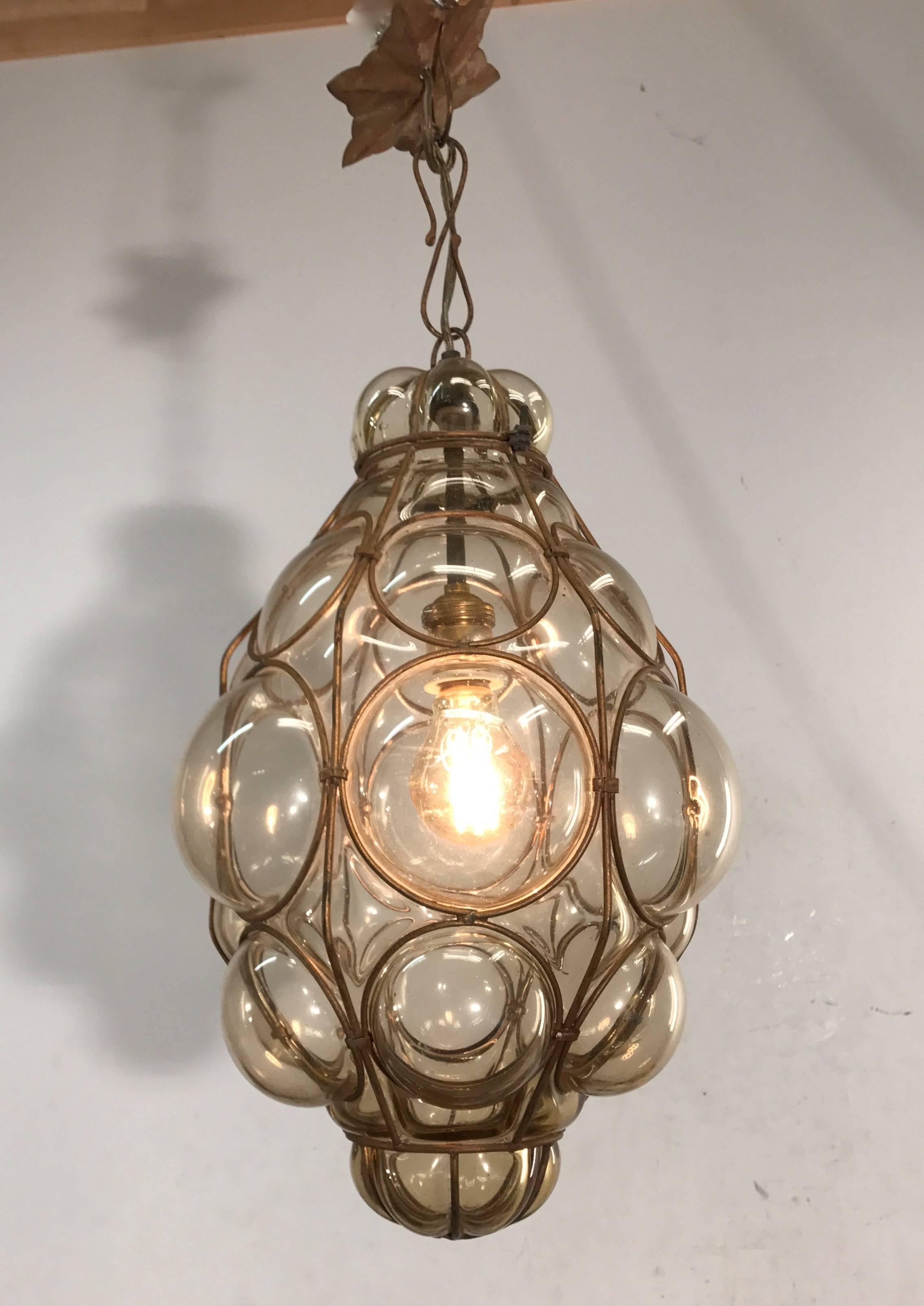 Hand-Crafted Antique and Rare Venetian Mouth Blown Glass in Metal Frame Pendant Light
